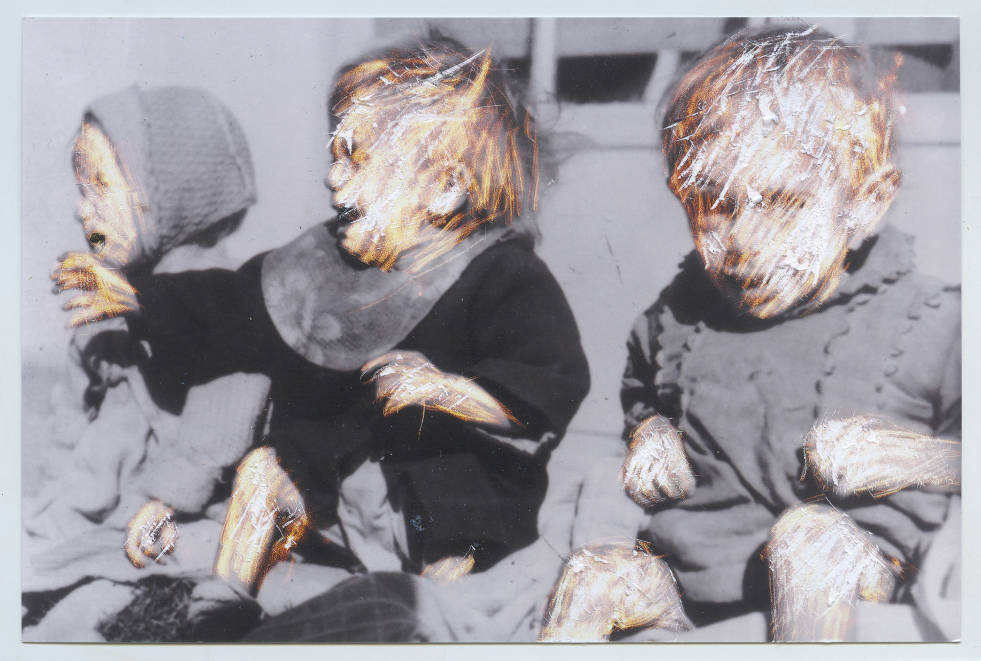 Children, 2015, scratched photo, 10x15 cm. Based on an image found in Internet from "Archives Municipales d’Elne Pyrénées Orientales - France"