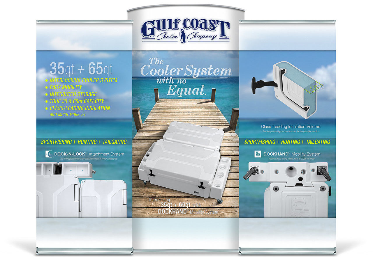 Gulf Coast Cooler Company (Apex) 3-panel trade show display by Creative Director: Ben Gilliand, BGV Agency, bgvisual.com