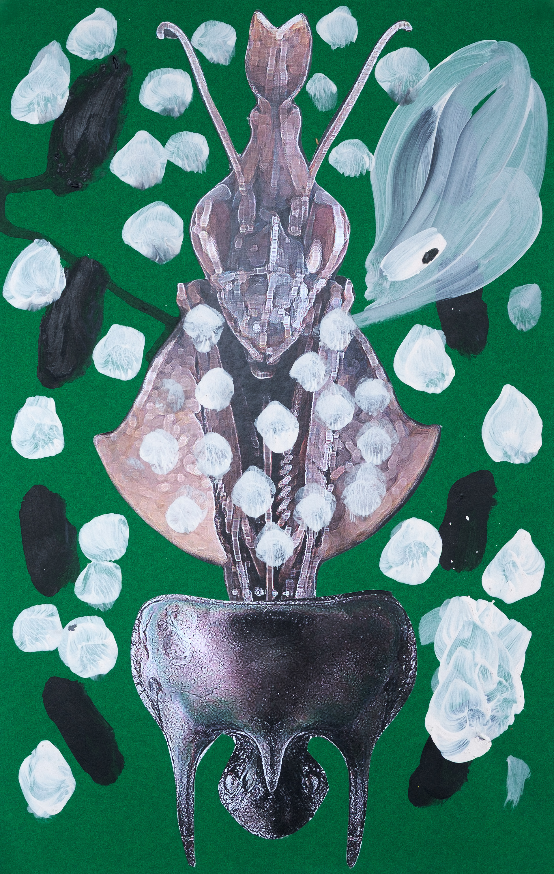 "Mantis III", 2023 | Acrylici and collage on cardboard | 22" x 14"