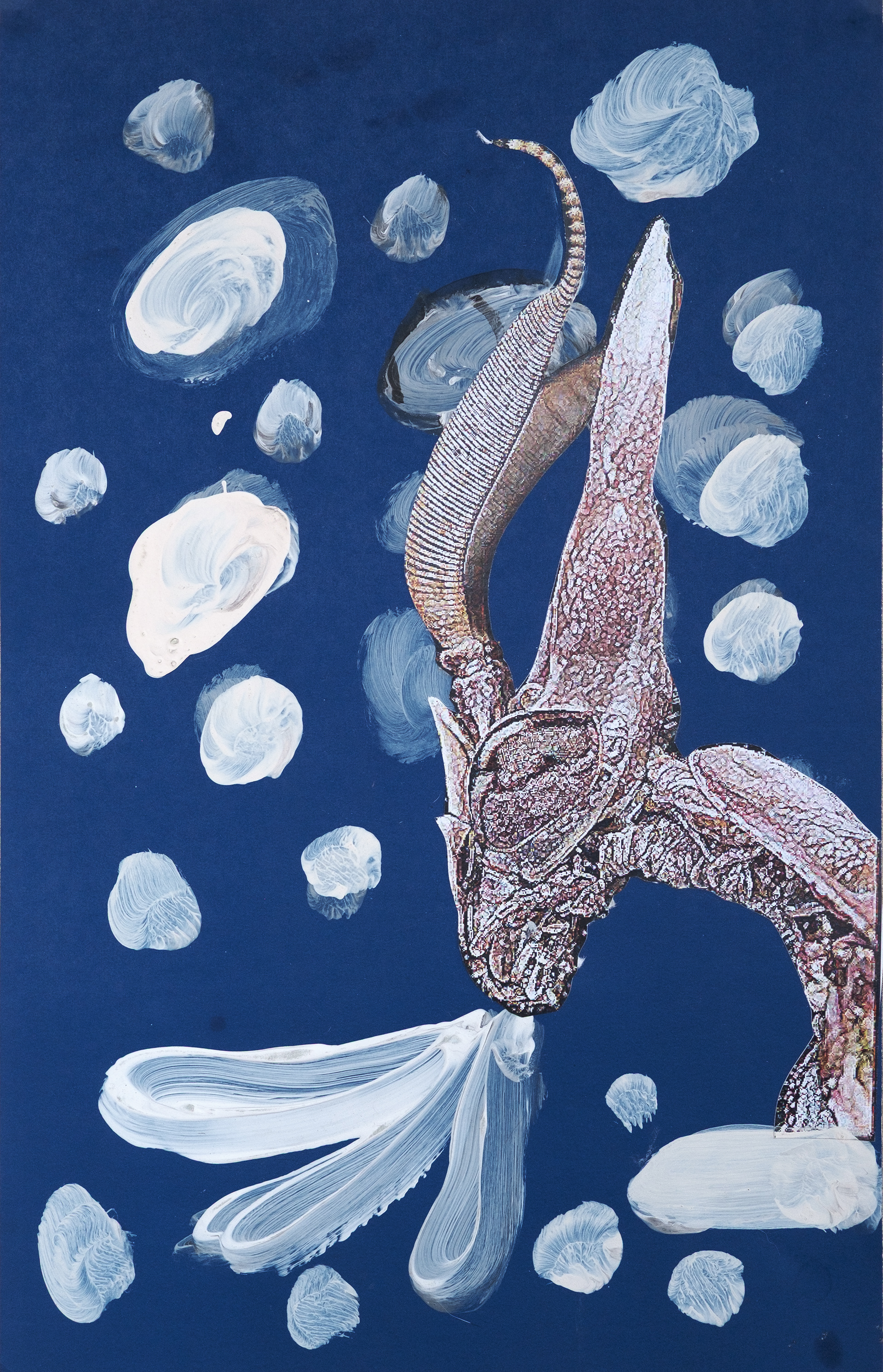 "Mantis I", 2023 | Acrylici and collage on cardboard | 22"x 14"