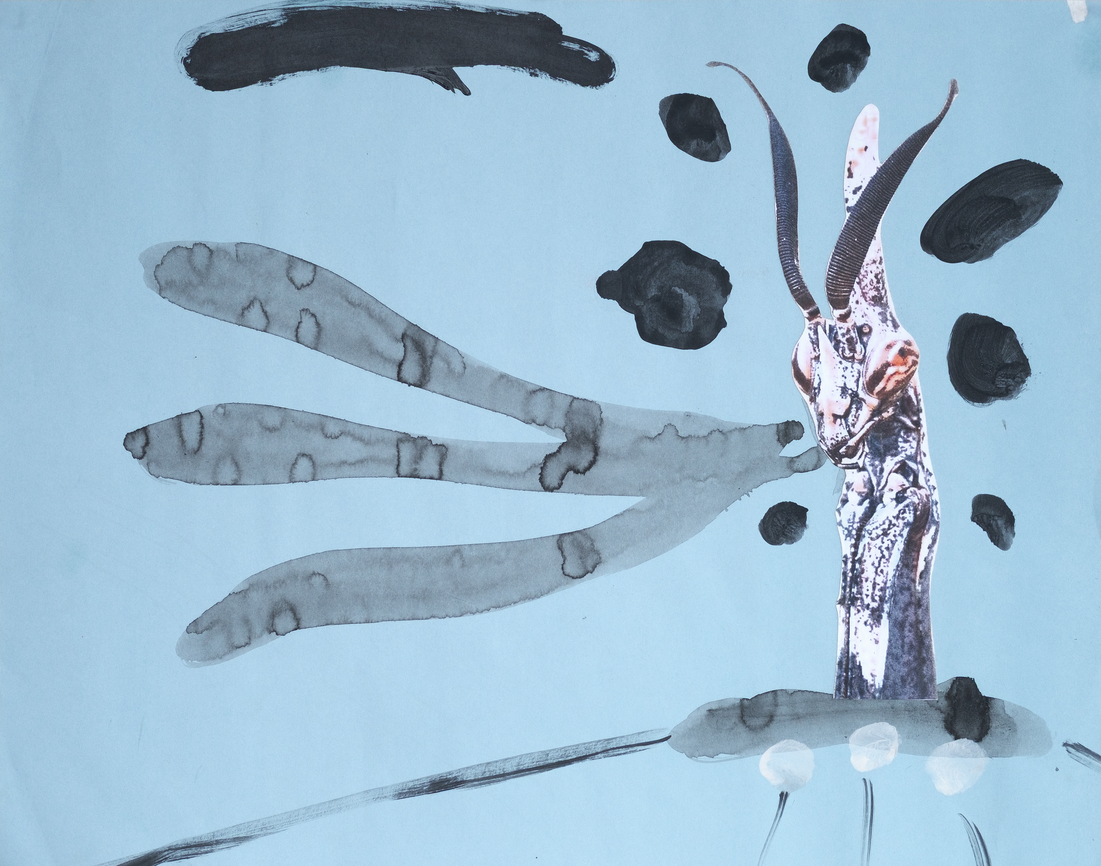 "Mantis V", 2023 | Acrylici and collage on cardboard | 22" x 28"