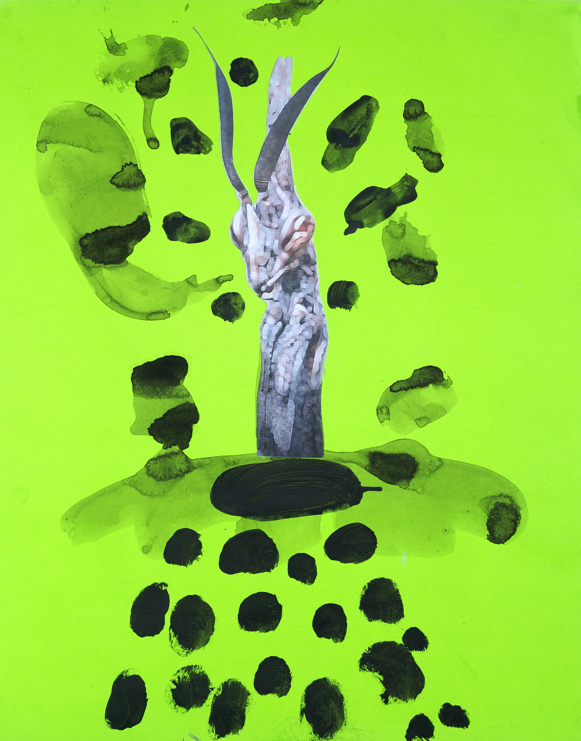 "Mantis IV", 2023 | Acrylici and collage on cardboard | 28" x 22