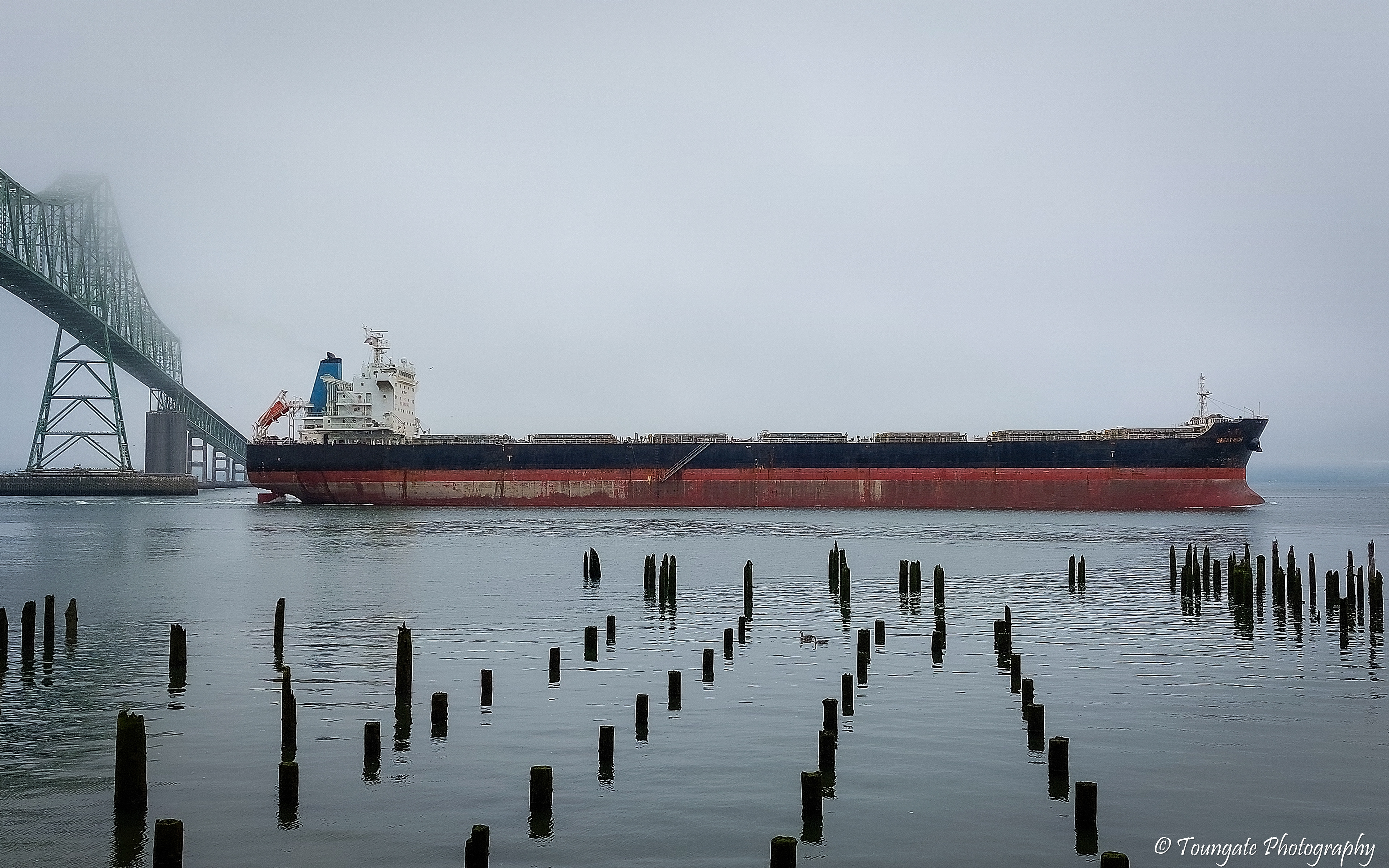 Container ship passing under the Megler Bridge
