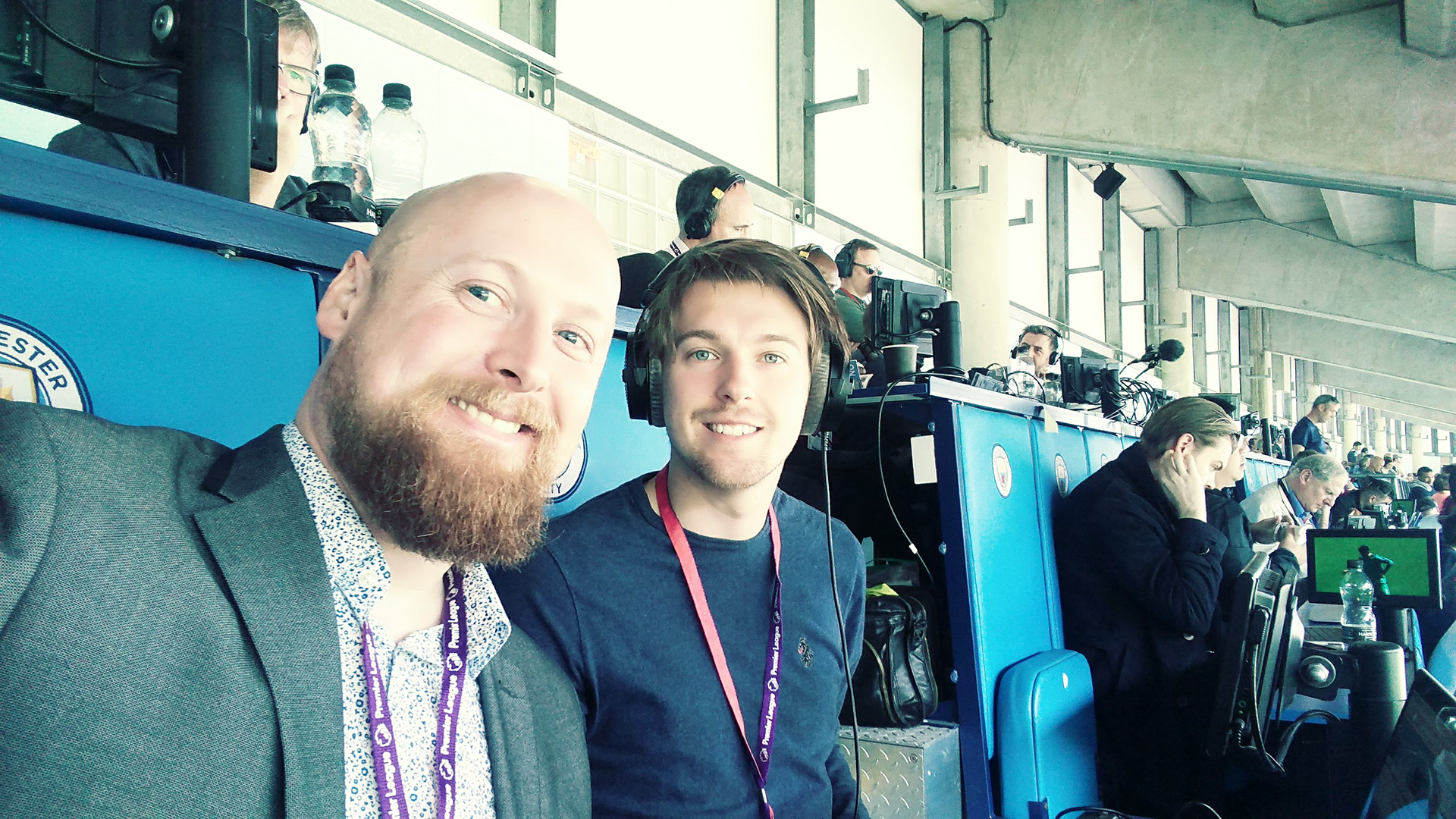In the commentary position at the Etihad Stadium for Manchester City's Premier League clash with Spurs. I'm on the right!