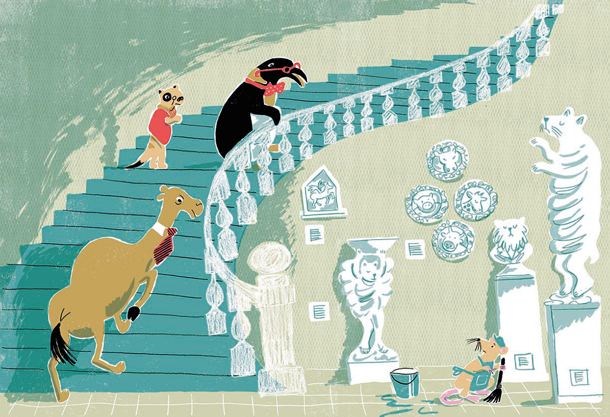Rat cleaner mopping floor in museum, surrounded by artefacts, looking upwards towards a grand staircase , which is being climbed by an officious looking penguin, camel and meerkat.