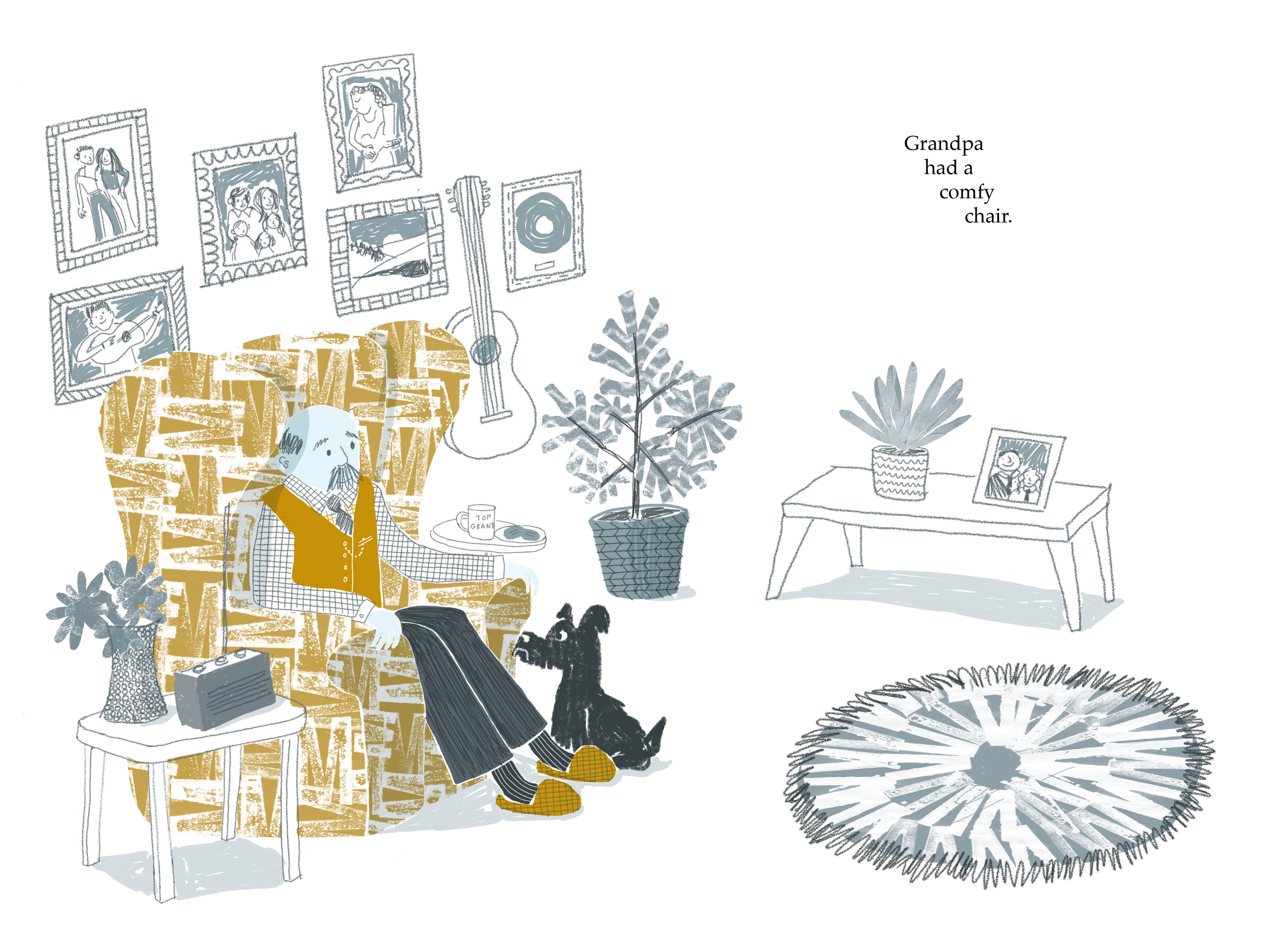 Grandpa sitting in chair with dog at his feet