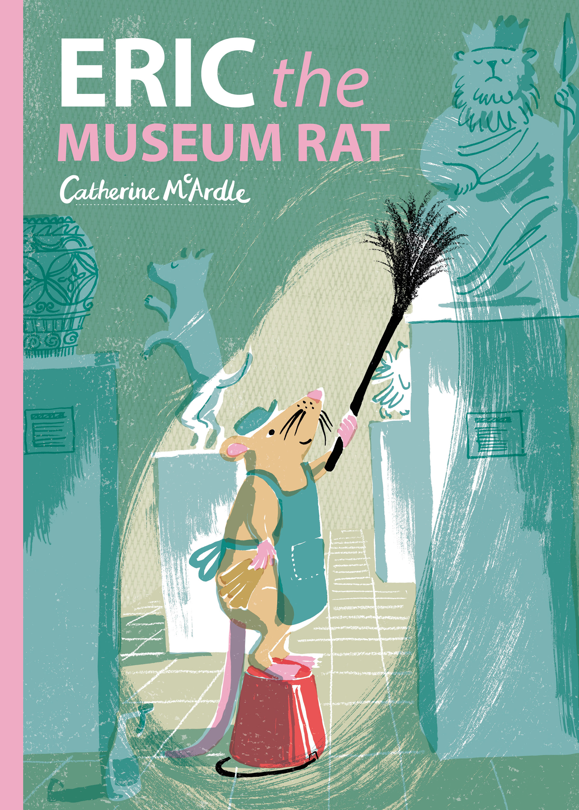 Rat cleaner, wearing apron, standing on a bucket and cleaning a museum statue with a feather duster.