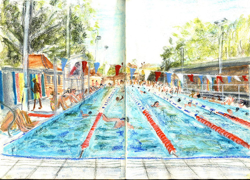 People swimming outside in the London Fields Lido. Summers day. Busy. People sunbathing. Watercolour crayon, colourful.