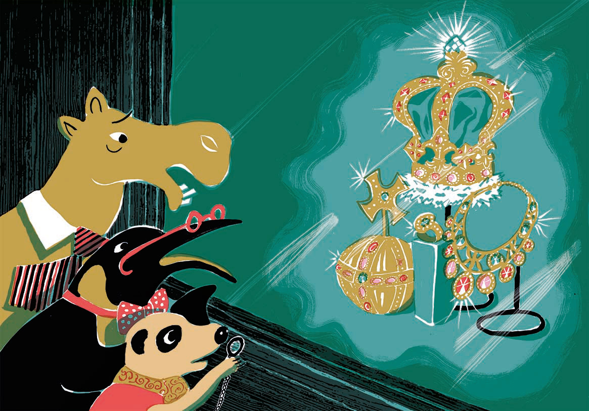 Officious looking camel, penguin and meerkat inspecting crown jewels in a cabinet.