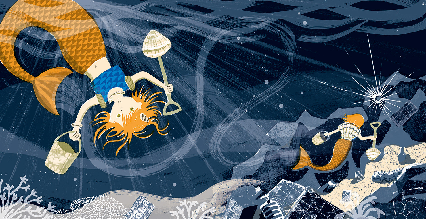 Mimi the Mermaid swimming underwater. On left of the image she is upside down carrying a bucket and spade made from shells. On the right she is searching for treasure on the sea bed. 