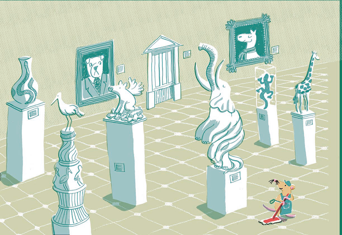 Rat cleaner, mopping the floor of the museum, surrounded by large statues and paintings, looking upwards fitfully at the statues