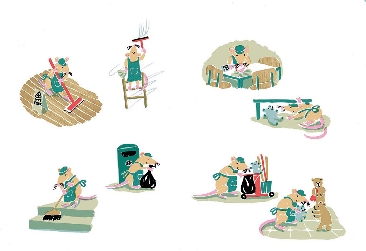 Rat cleaner doing various cleaning jobs in the museum - little images of him mopping, cleaning windows, cleaning a table, brushing the steps, emptying bins, finding a lost toy, walking with his cleaning cart and returning the lost toy to a young bear. 