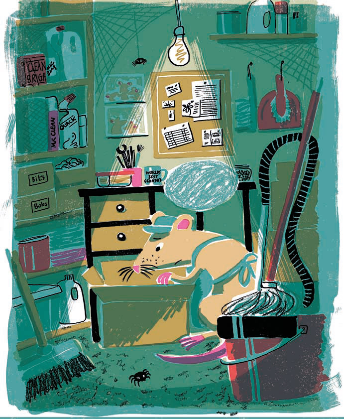 Rat cleaner in the dark cleaning cupboard, looking through a cardboard box. 