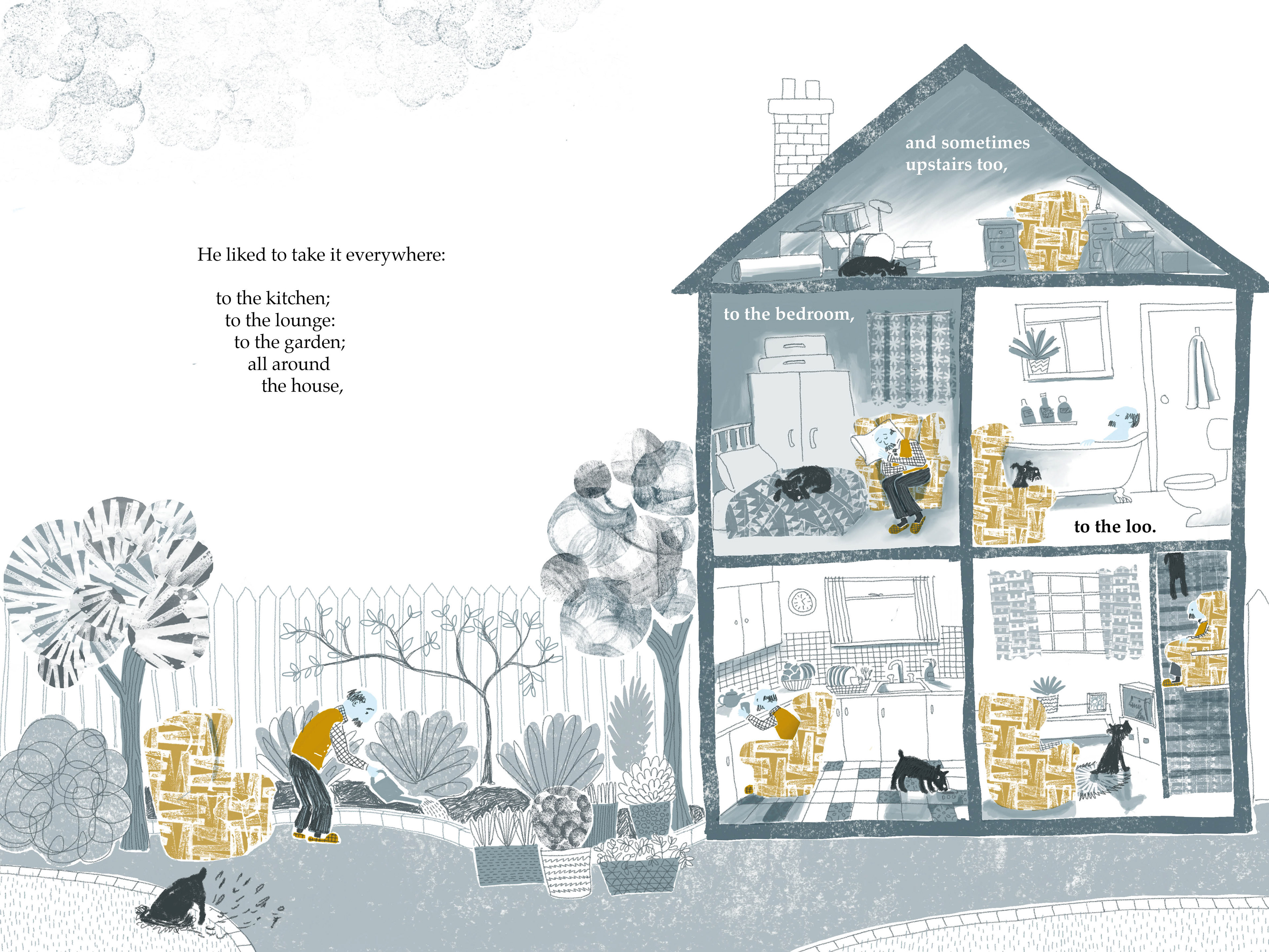 Grandpa moving around the house, tending to plants, sleeping, in the bath, cooking, going upstairs. Wherever he goes, he takes his chair.