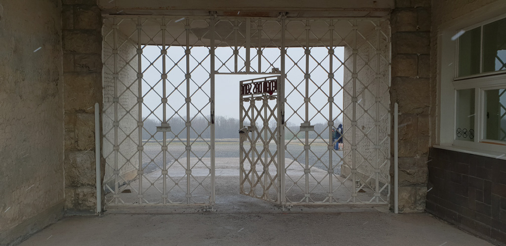 The main gate of Buchenwald concentration camp, showing the motto Jedem das Seine.