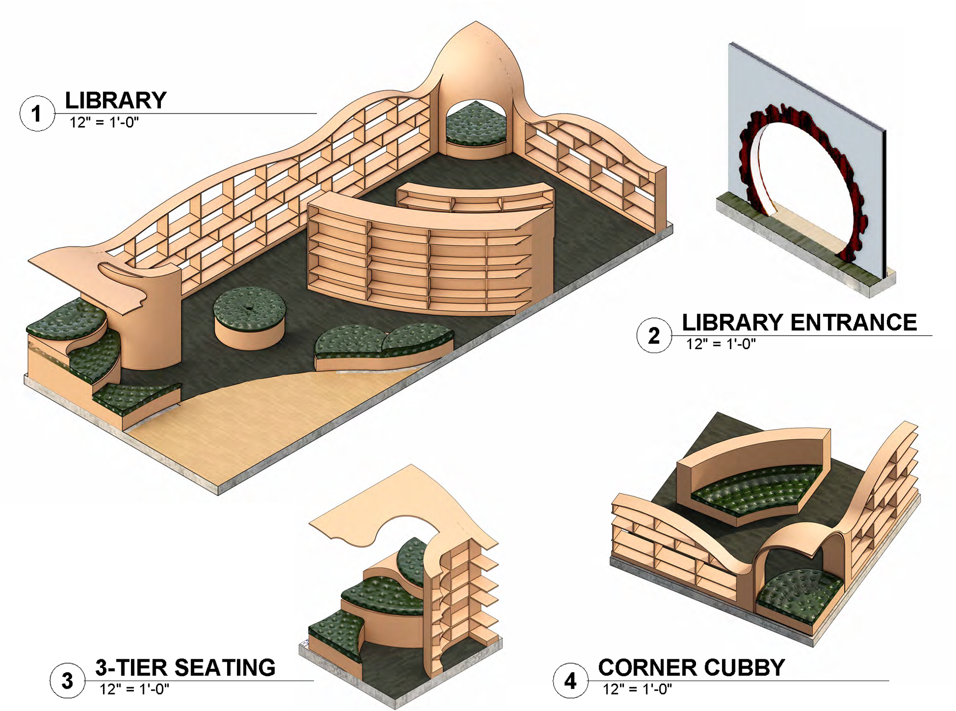 Library Shelving & Seating Axonometric Views
