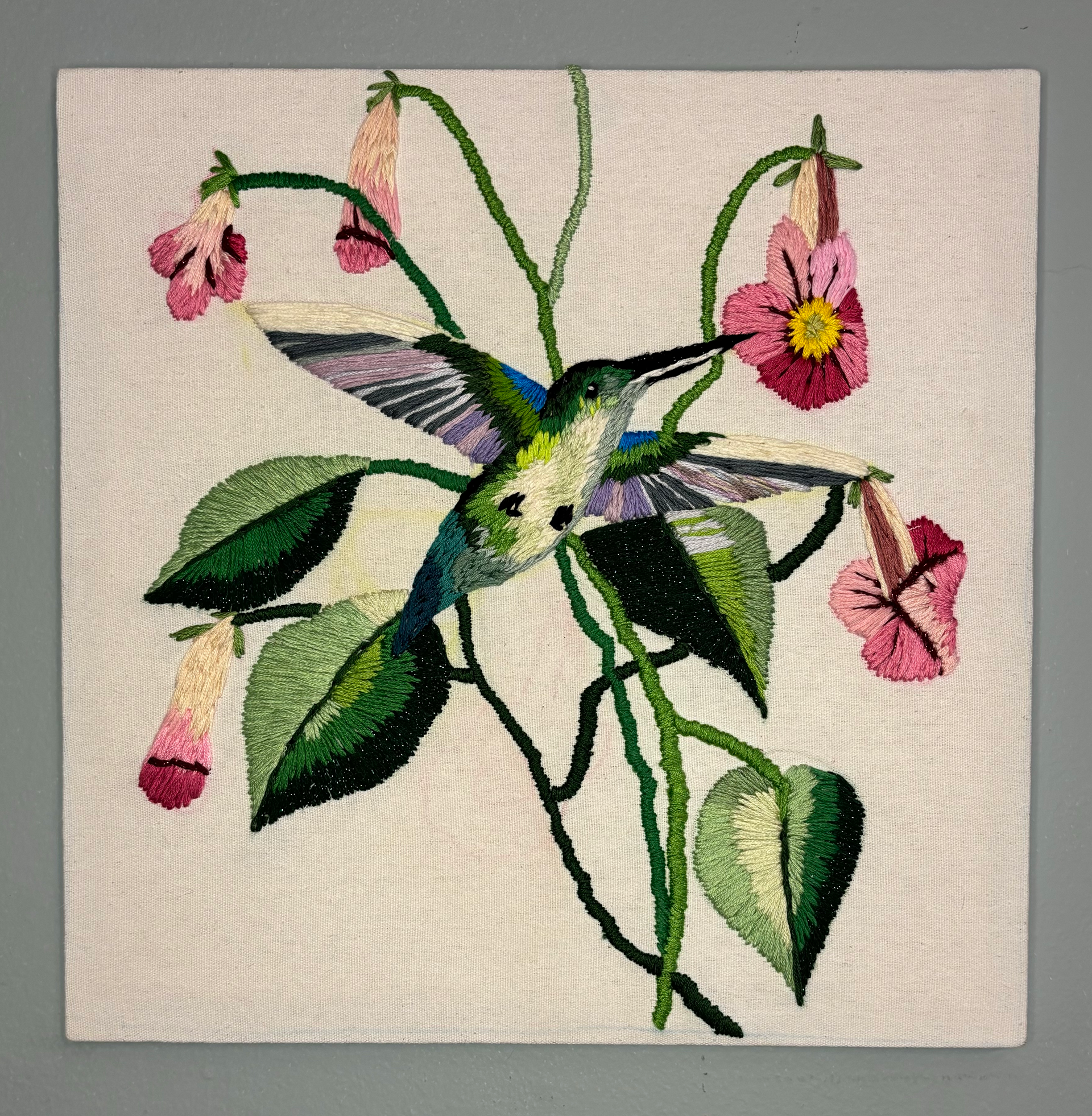 Hand Embroidered Hummingbird with Flowers. 2023.