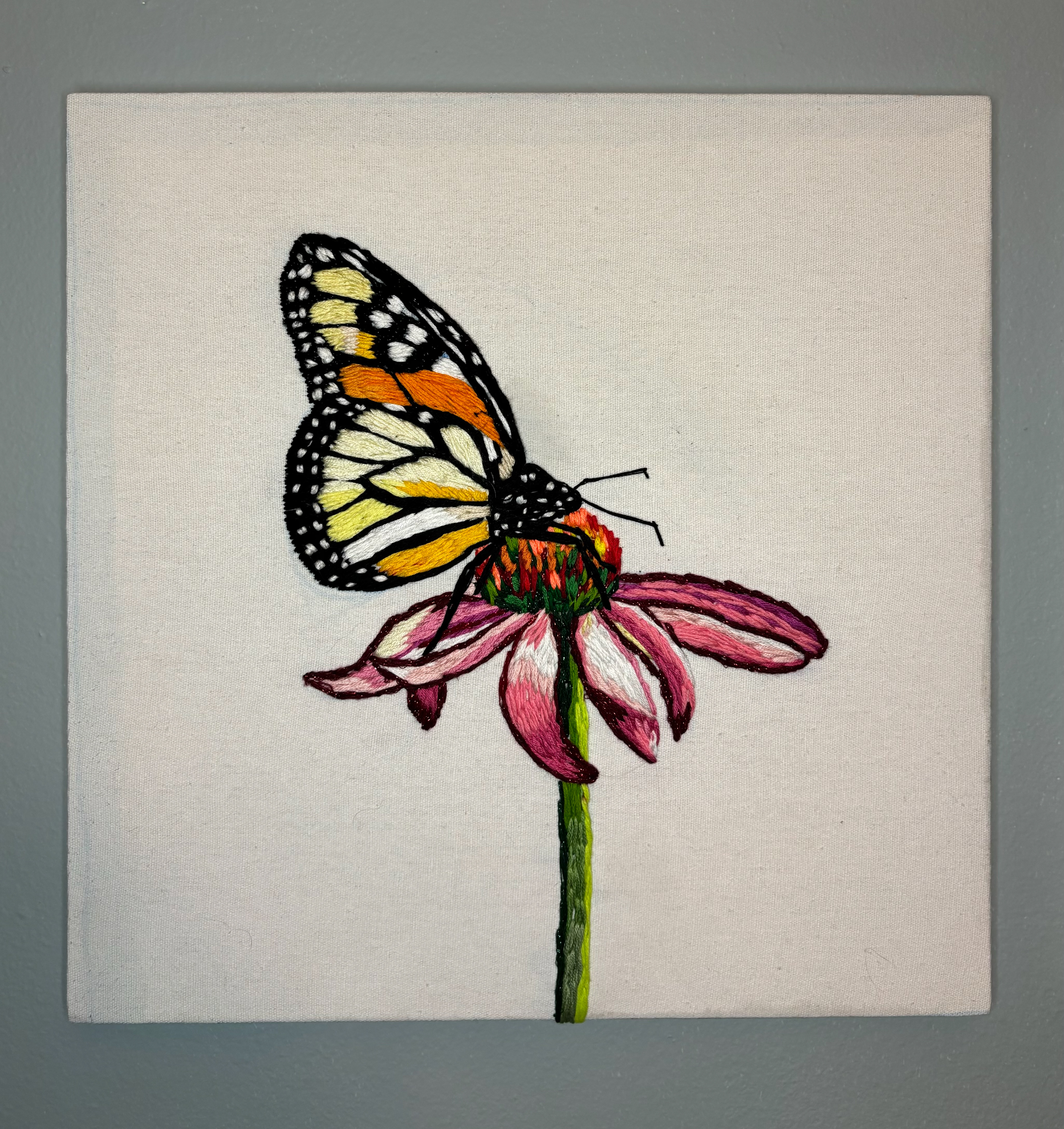 Hand Embroidered Monarch Butterfly and Cone Flower. 2023.