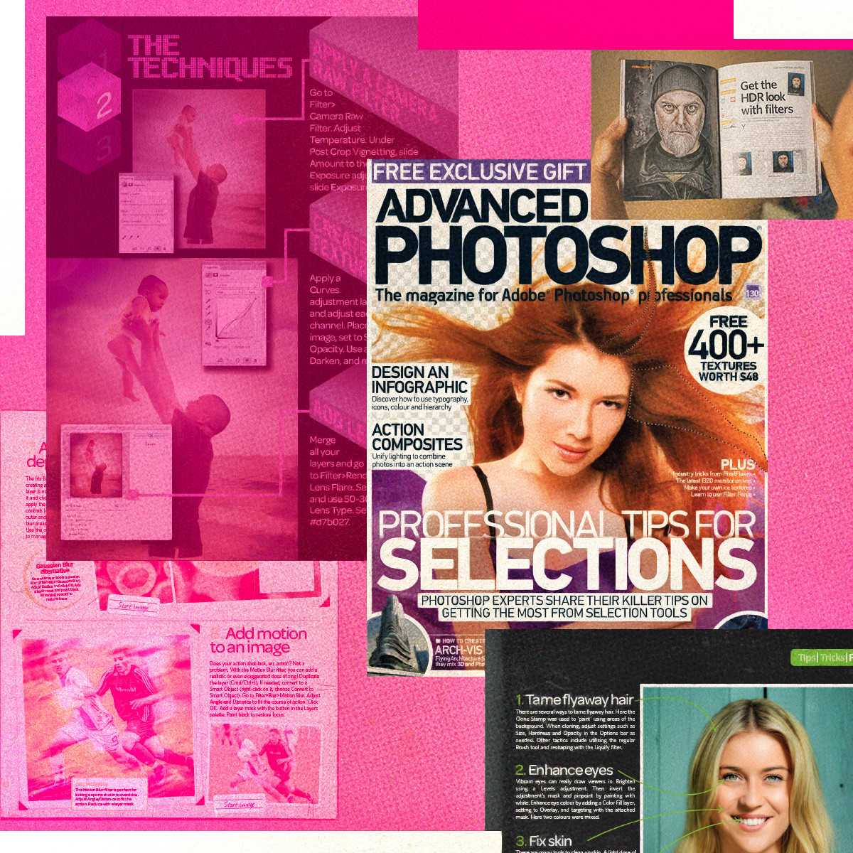 Various Photoshop tutorials and a cover for Advanced Photoshiop magazine by Andre Villanueva.
