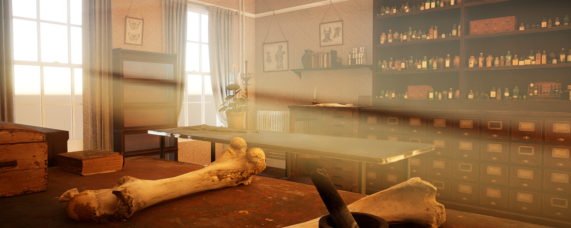 3D render by Katherine Jelte: 1917 apartment in early morning light, with sunlight streaming through windows onto cabinets of medical supplies, bones, and samples. A small plant sits on a central table, while bones are placed on a foreground table. Medical drawings adorn the walls.