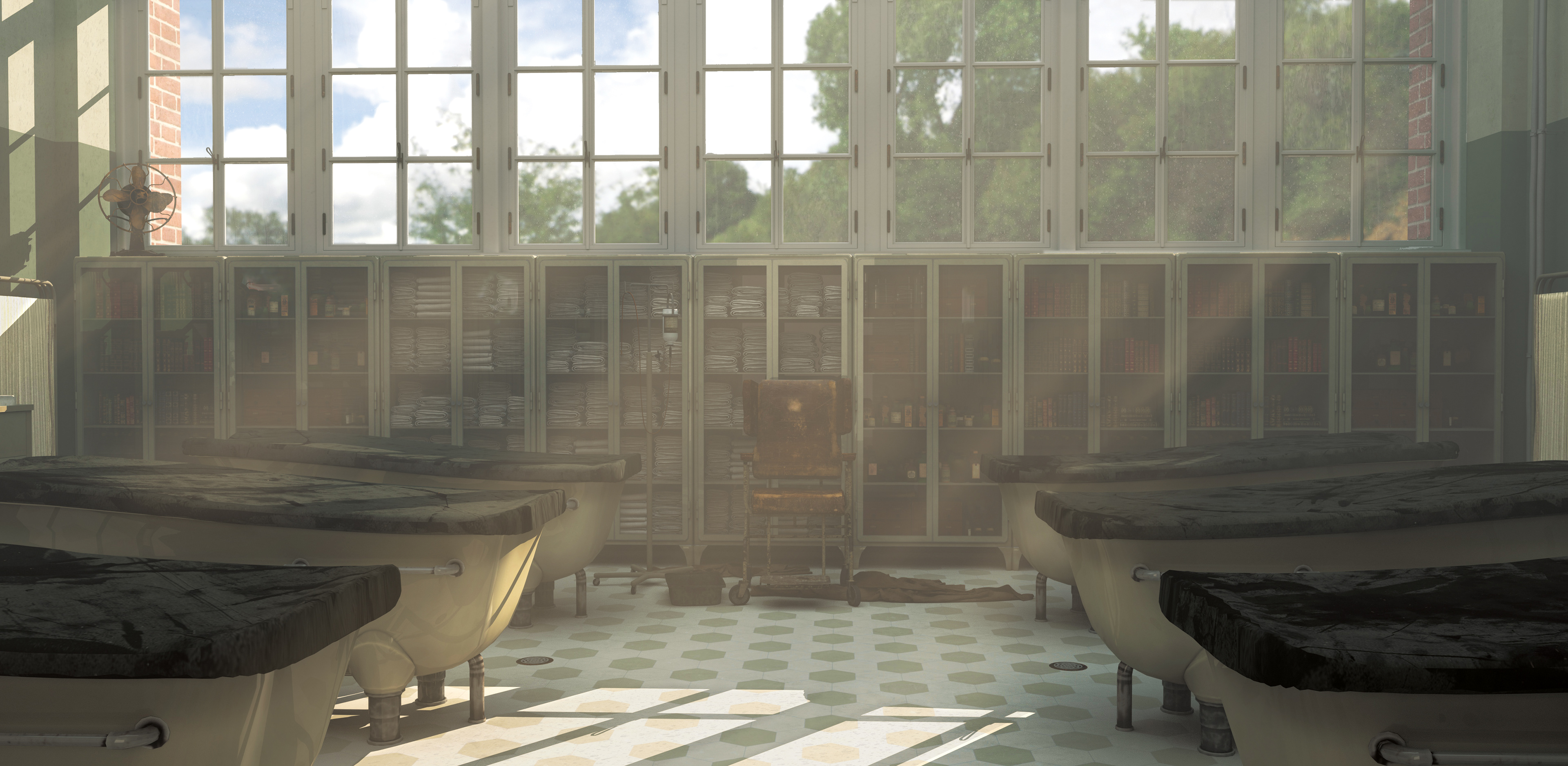 3D render by Katherine Jelte: A 1930s hospital hydrotherapy room with cabinets of medical supplies along the back wall, hydrotherapy tubs on the sides, and an empty wheelchair in the center. Soft beams of light pour in through the windows.