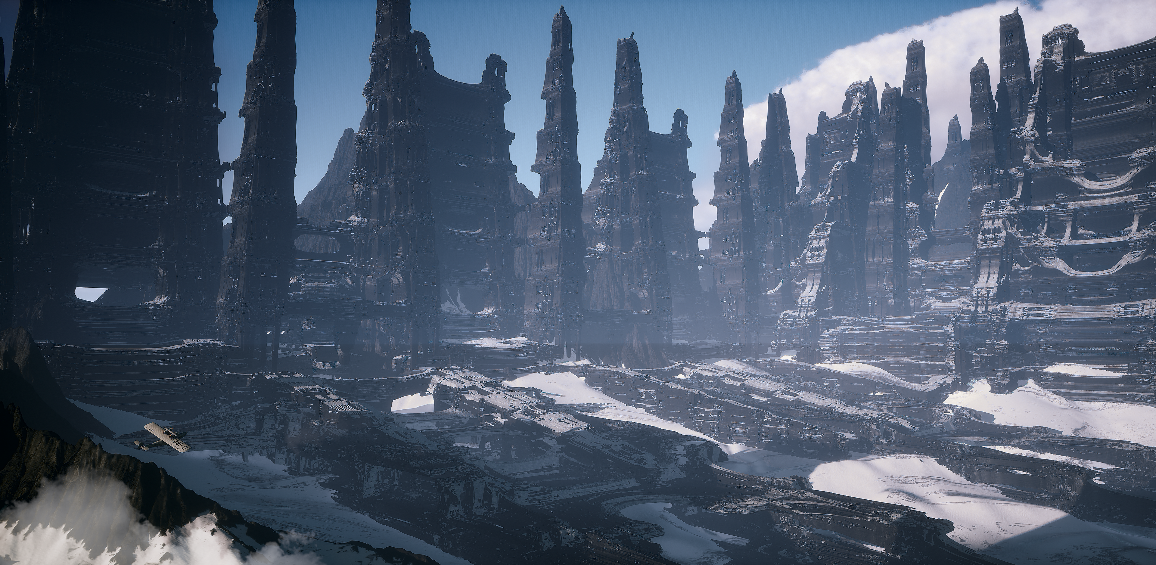 3D render by Katherine Jelte: Alien city nestled in snowy mountain terrain, with a small airplane emerging from clouds in the foreground.