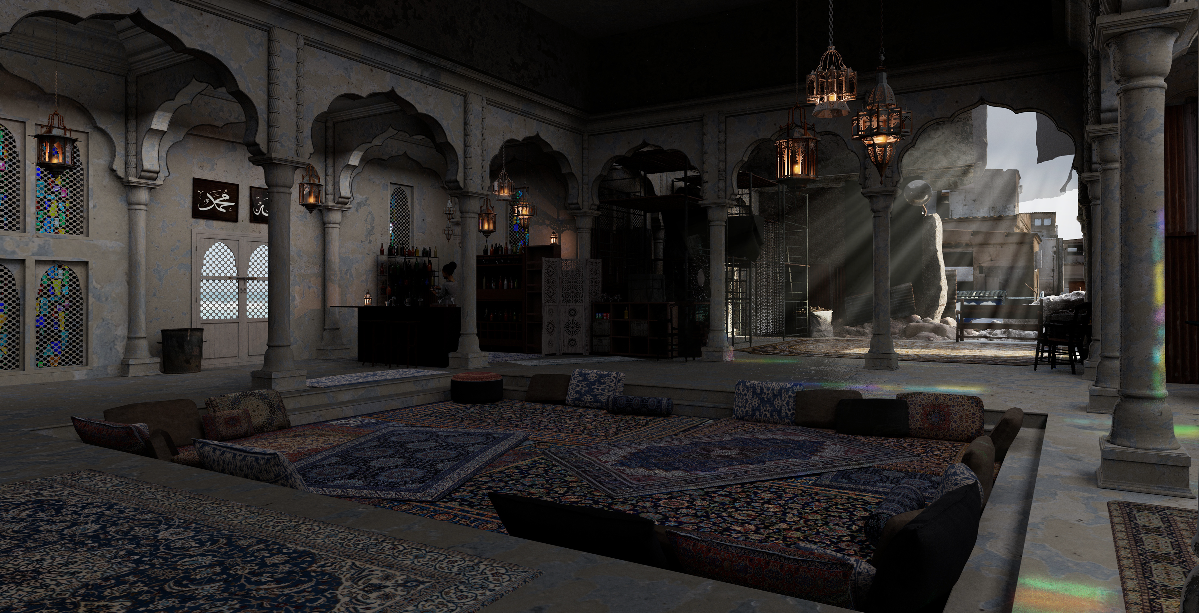 3D render by Katherine Jelte: Dilapidated mosque adorned with hanging lanterns, rugs, and pillows. In the background, a hole reveals military damage with streams of light shining through.