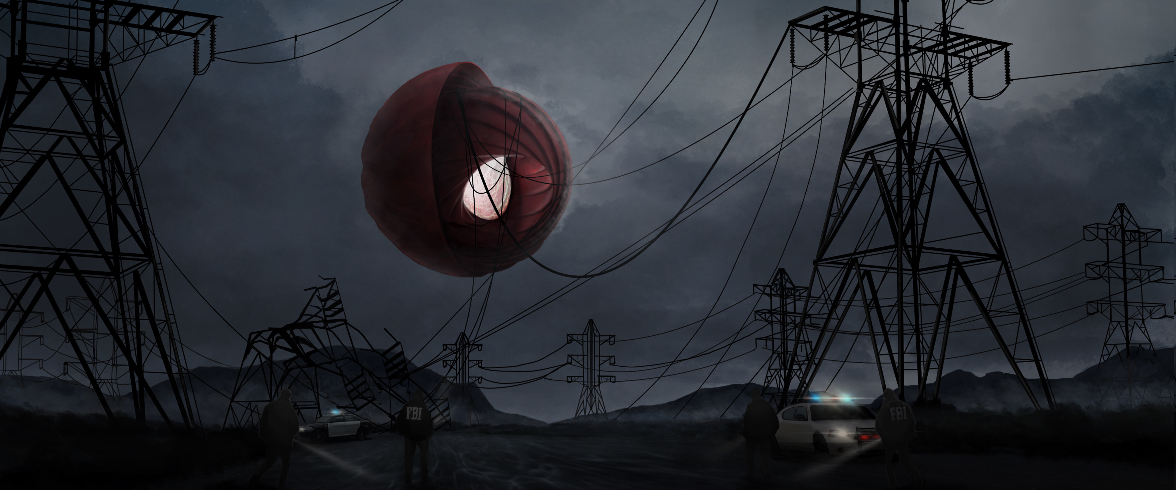 2D render by Katherine Jelte: A red circular alien spacecraft hovers above a road, entangled in power lines. FBI agents by their squad cars shine flashlights up at the spacecraft.