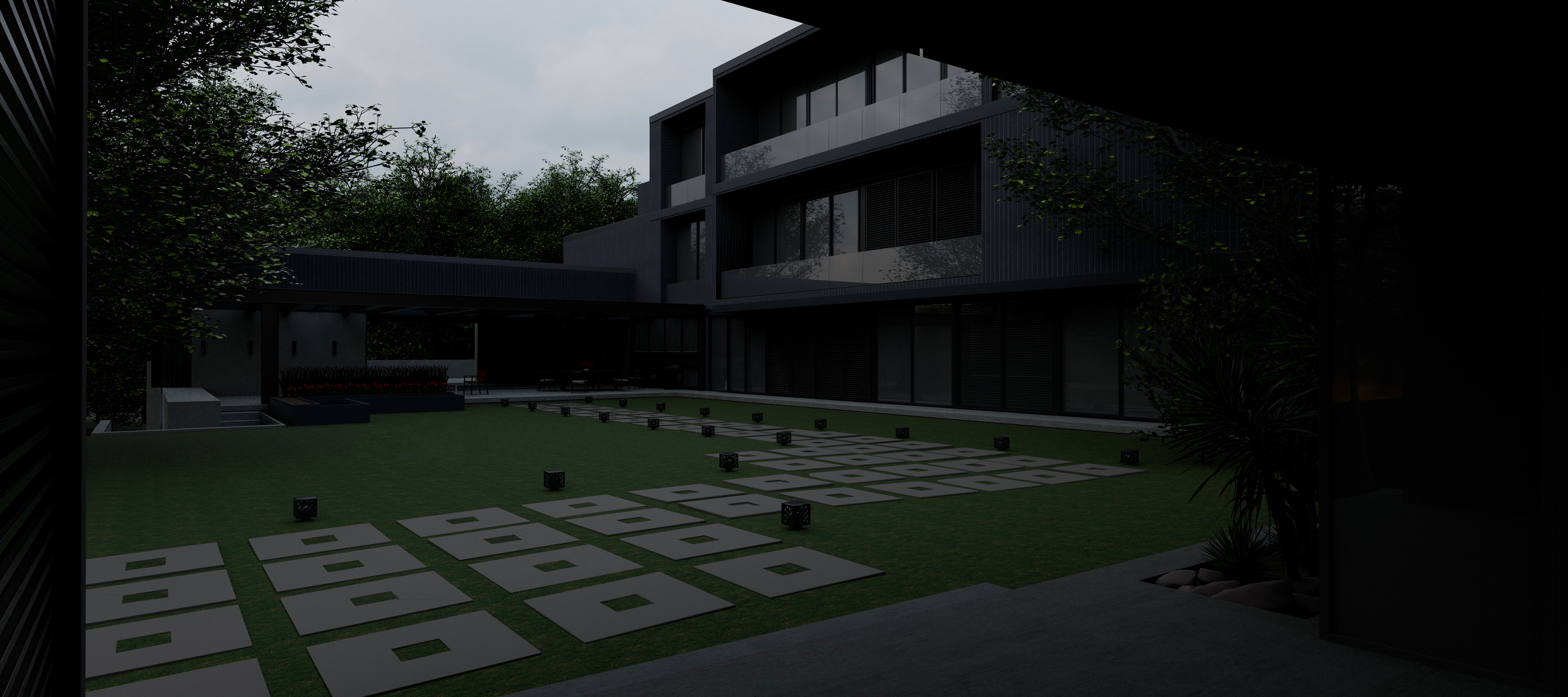 "3D render by Katherine Jelte: Backyard of a modern, imposing home with black exterior, extensive glass windows, and railings. A stone path intersects the yard, leading to a small patio. The ambiance exudes a dark and eerie atmosphere.