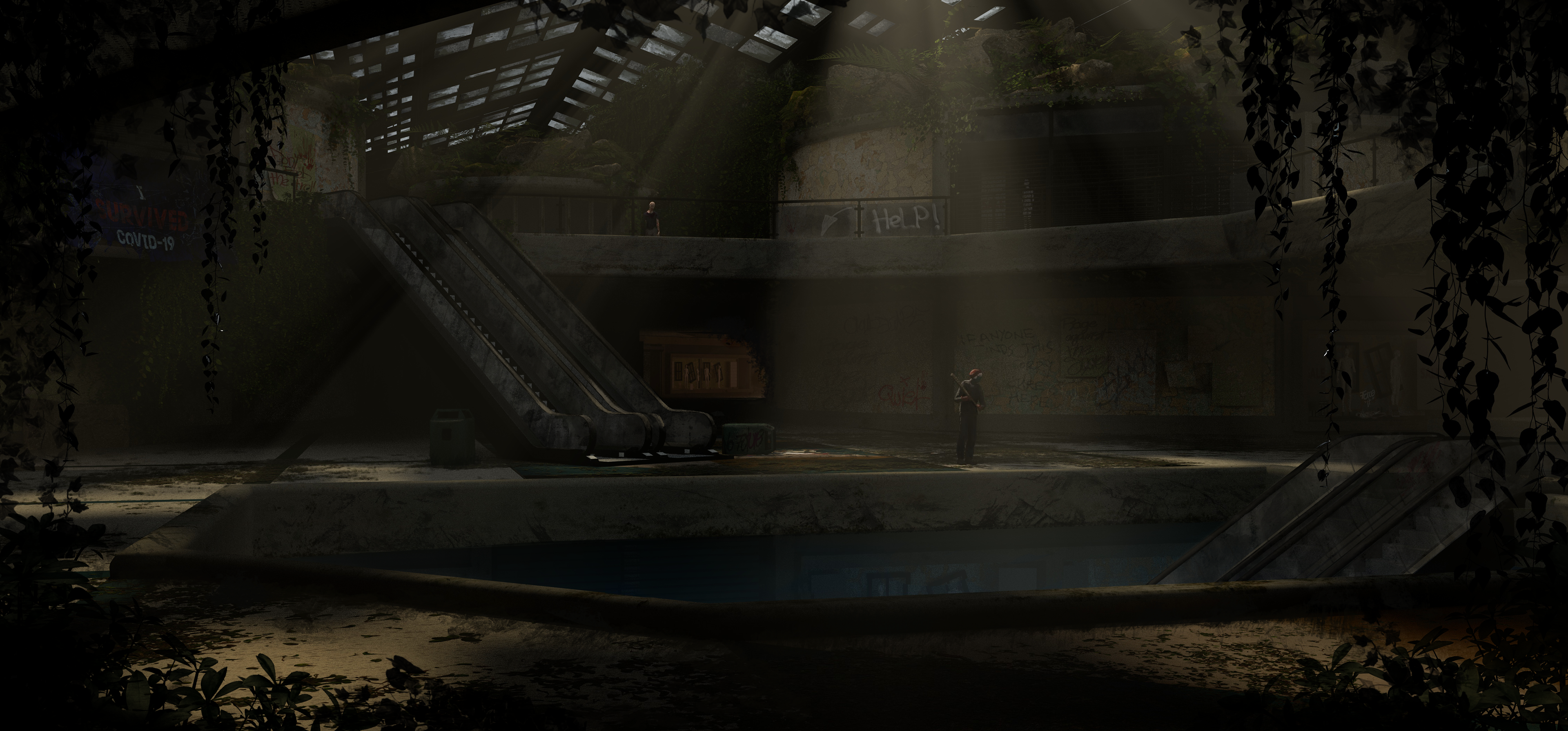 3D render by Katherine Jelte: Scene of an abandoned mall with hanging plants, graffiti-covered walls including the word 'help'. In the center, a lone figure holds a baseball bat, while a banner reading 'I survived COVID-19' hangs in the top left corner. Above the figure, a zombie is seen on the upper floor, unbeknownst to the person below.