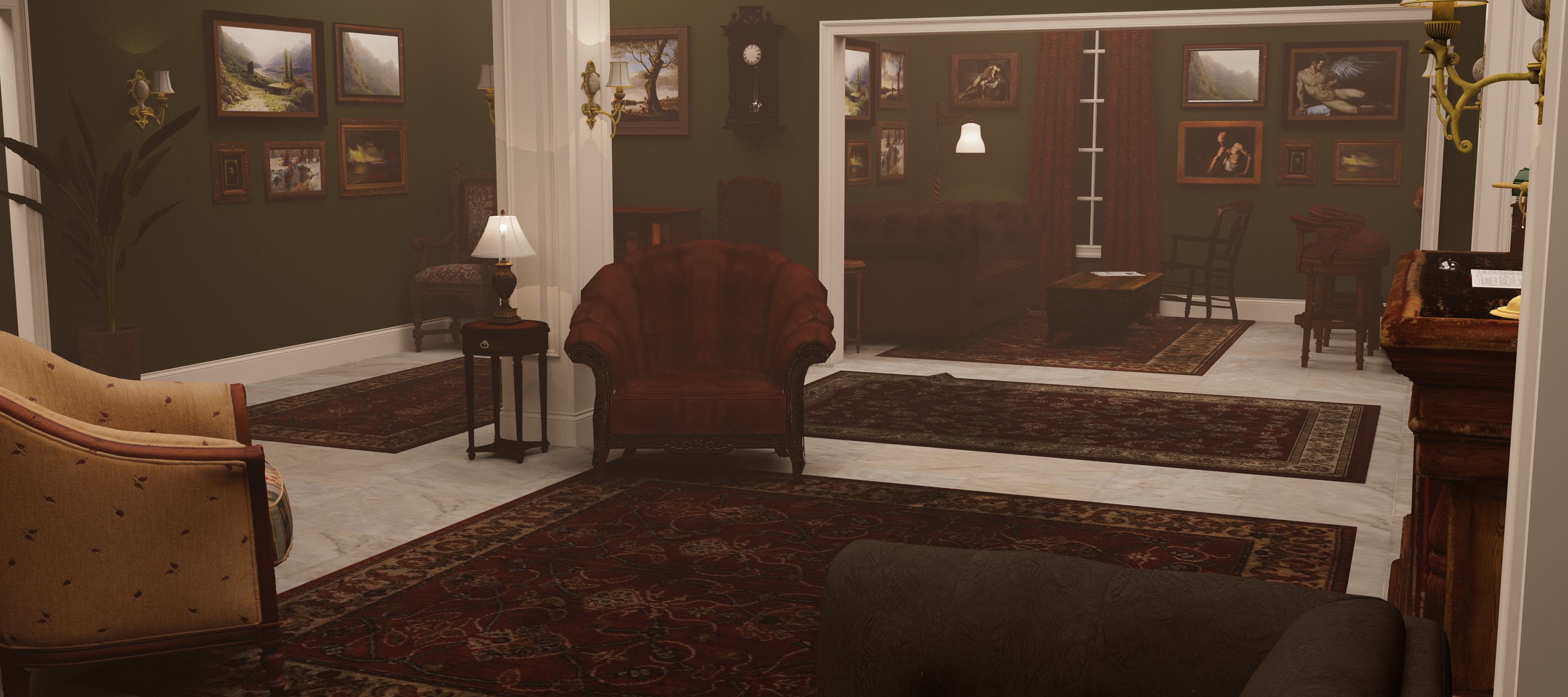 3D render by Katherine Jelte: Eclectic hotel lobby featuring a diverse array of furniture from various eras, adorned with a variety of paintings covering the walls.