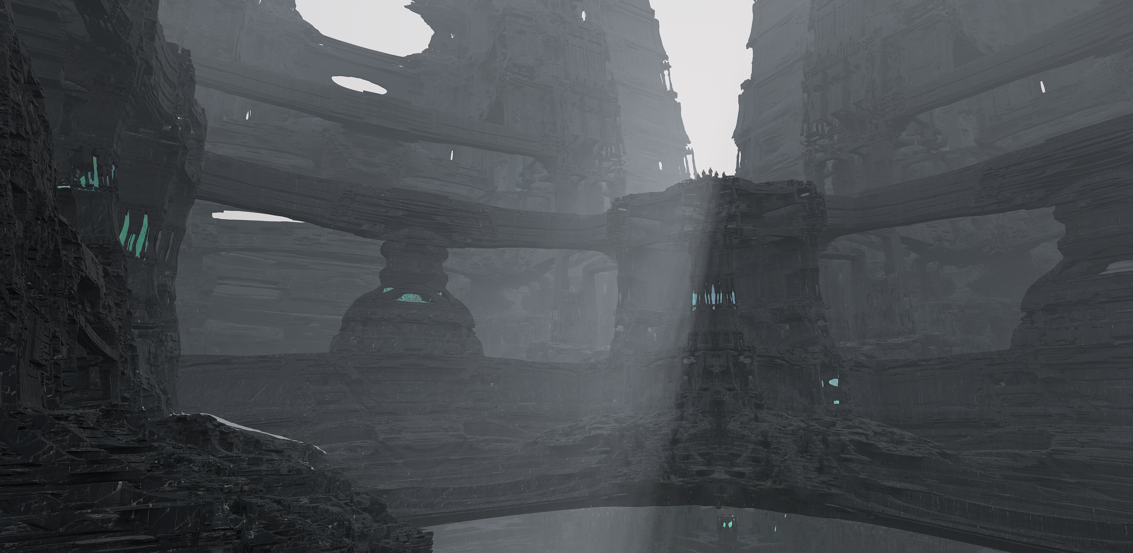 3D render by Katherine Jelte: Interior of expansive alien city with distant explorers, symmetrical design, and small green glowing enclosures nestled within cracks of stone city walls.