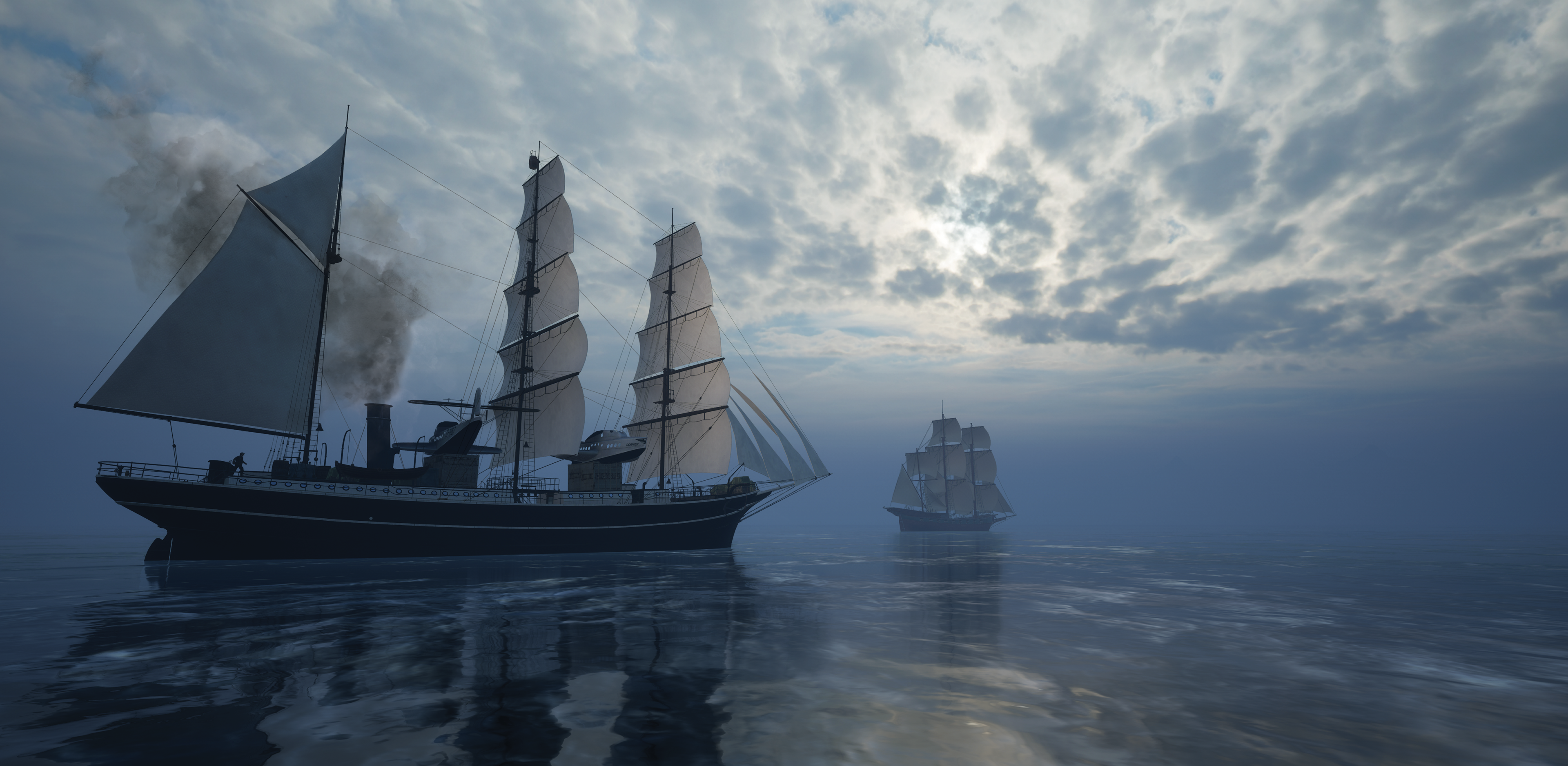 3D render by Katherine Jelte: Two sailing vessels with Dornier aircraft on one ship, navigating the sea under a cloudy sky.