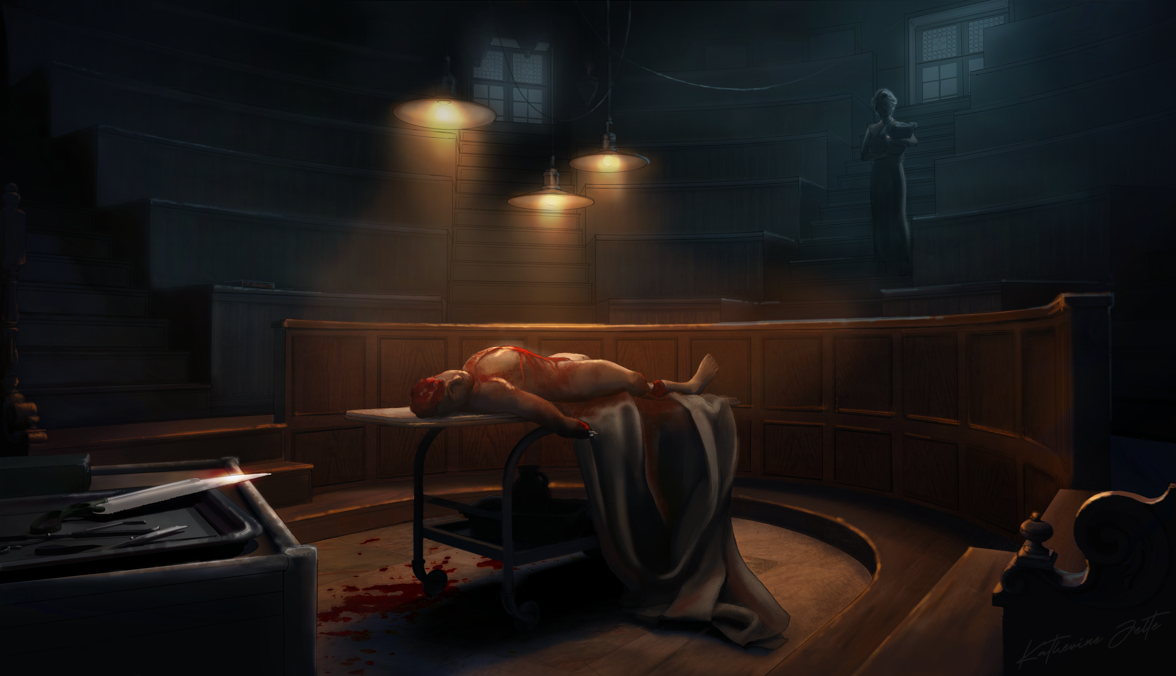 2D render by Katherine Jelte: 1917 anatomy theatre featuring a dissected body on a central table with suspended pendant lights above. Audience seating fills the background, while a lone woman stands, observing the body.
