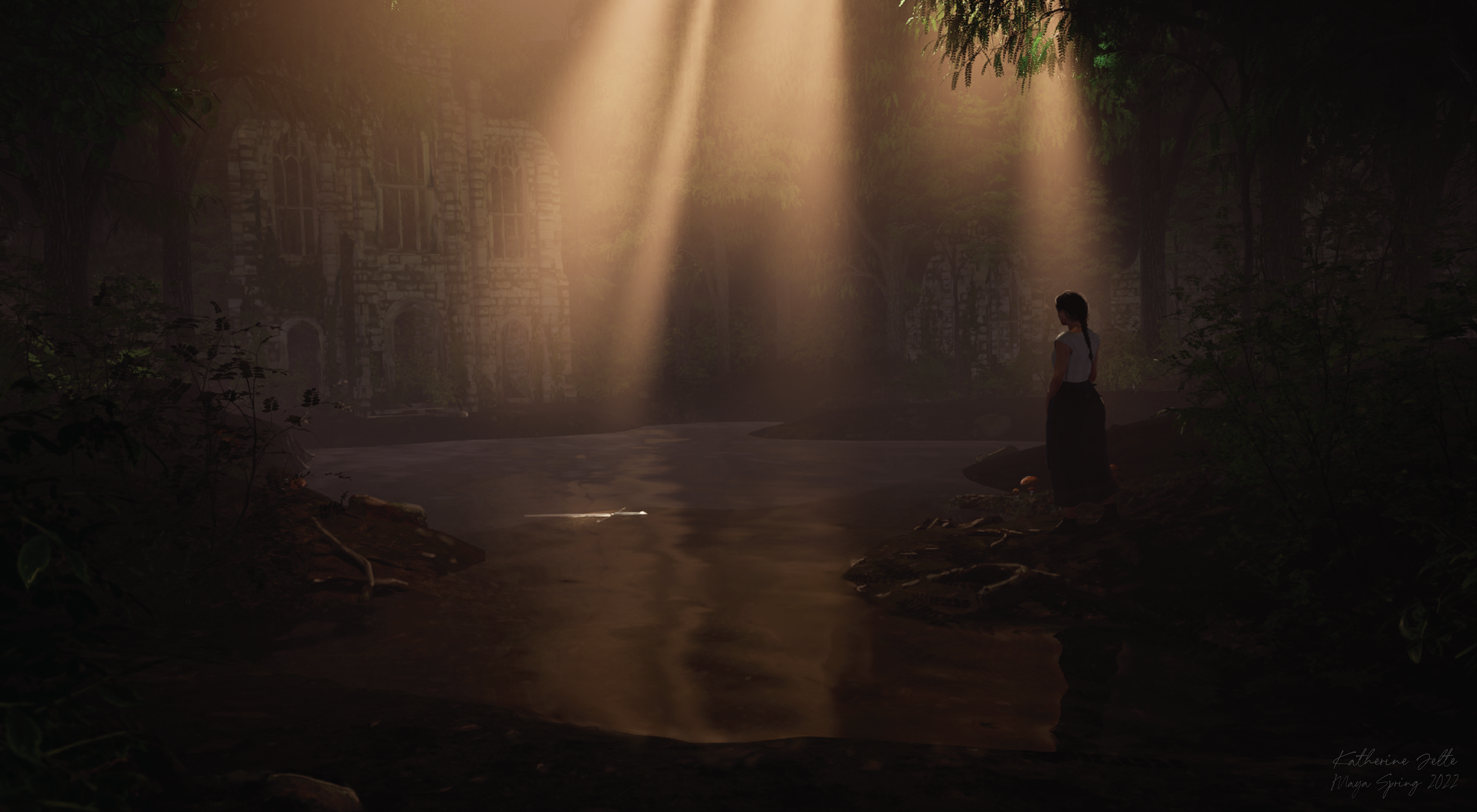 3D render by Katherine Jelte: Medieval woman by a small lake, gazing at a sword submerged in the water, with castle ruins in the background. Sunlight filters through the canopy, illuminating the sword.