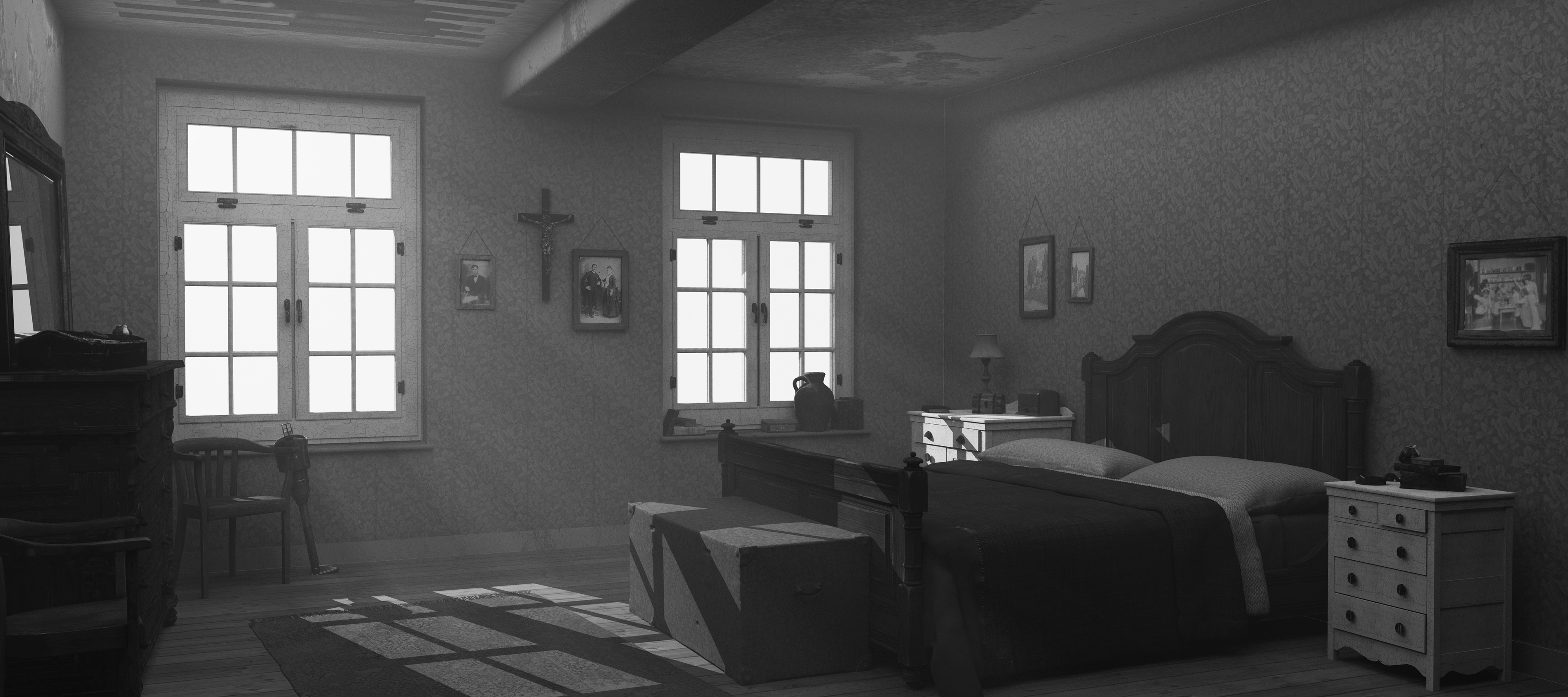 3D render by Katherine Jelte: Black and white depiction of a quaint 1914 bedroom with peeling paint and dilapidated ceiling. A small bed is positioned on the right, facing a dresser and mirror. Two windows adorn the back wall, with small framed images and a cross hanging between them.