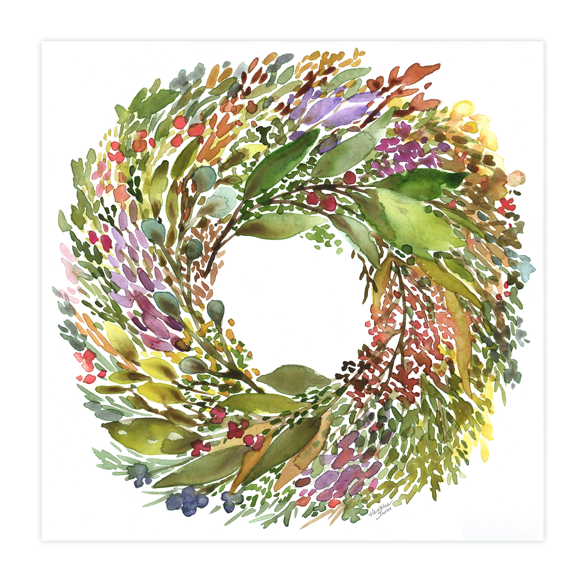 Beth's Wreath, Watercolor, 8"x8", SOLD