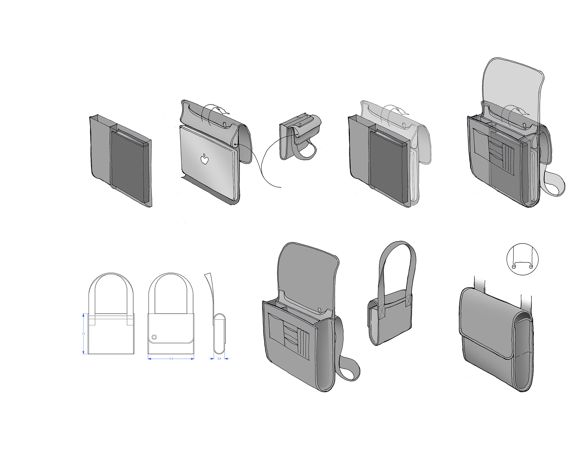 Sketches of a custom bag design.