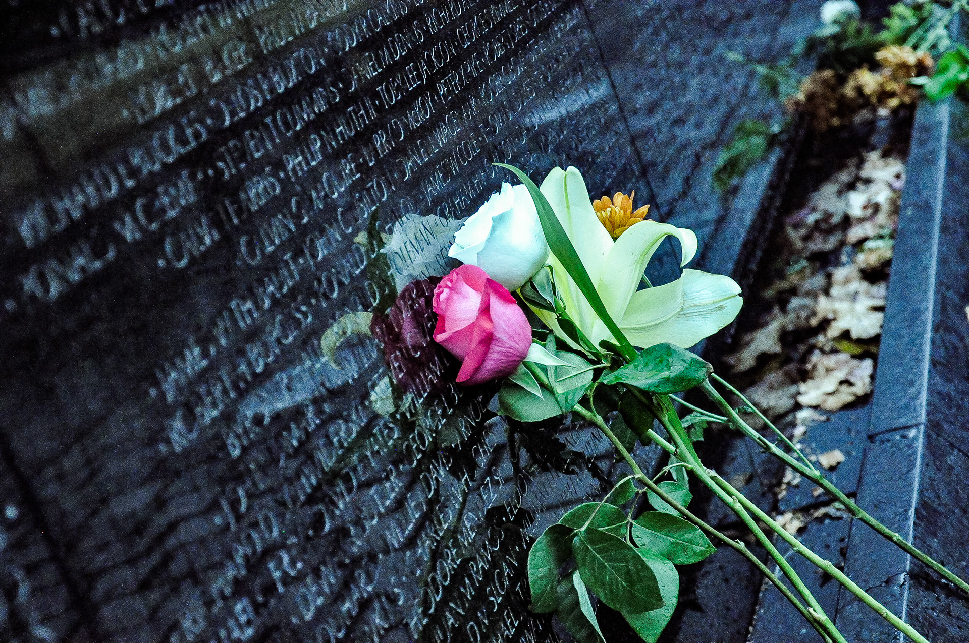 Flowers against the Vietnam Veterans Memorial Wall
