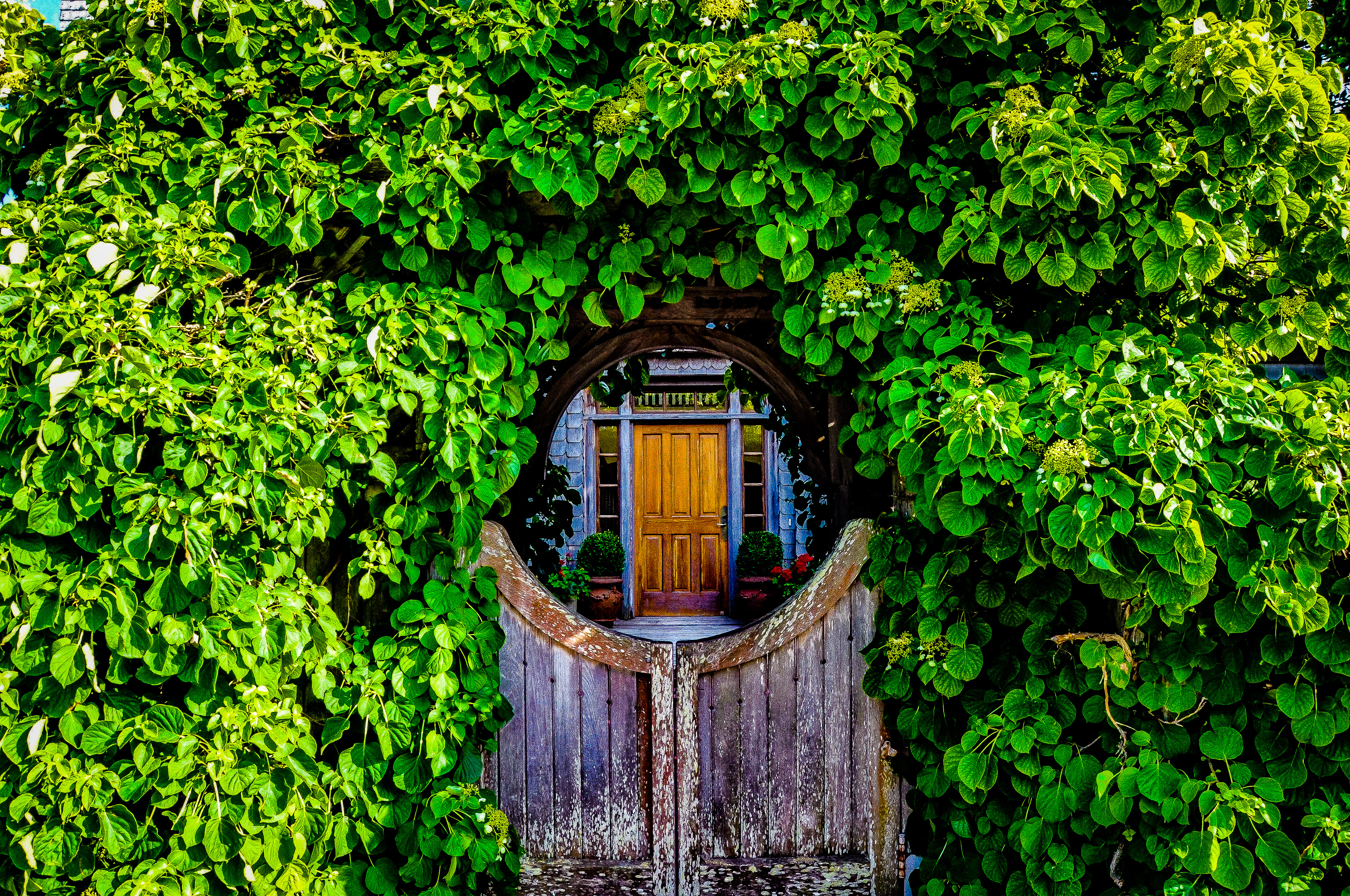 The look at the front door of a lakefront house; Mackinac Island, MI. July 2018