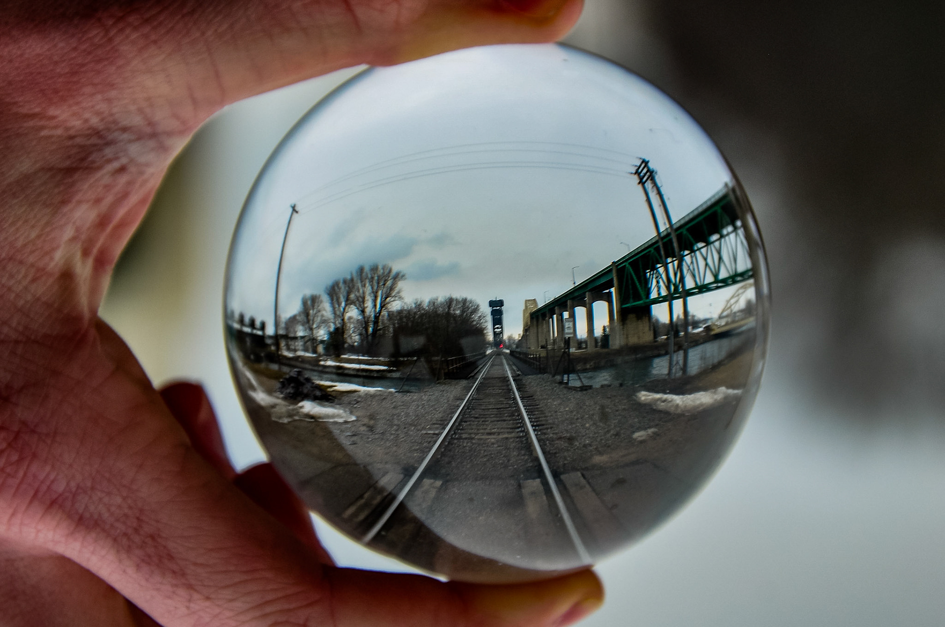 Sault Ste. Marie train tracks through the looking glass.