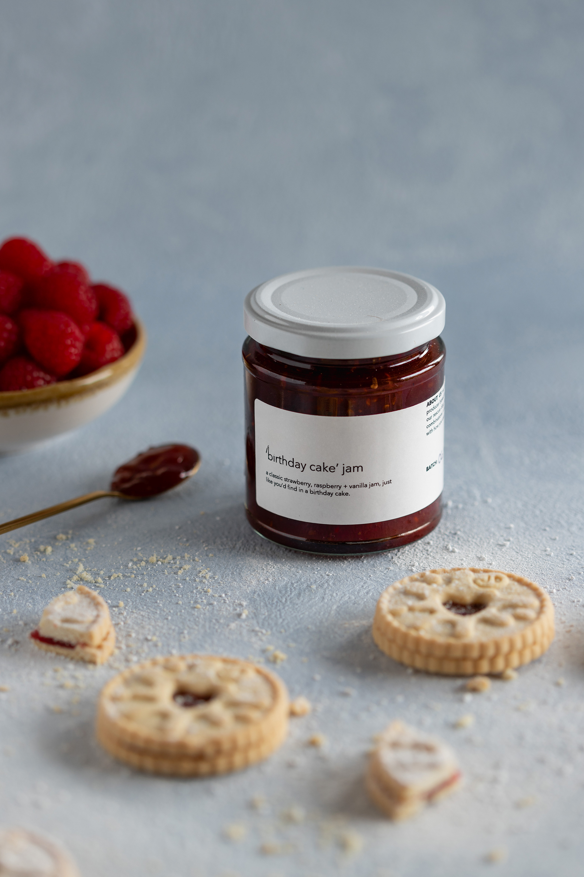 Strawberry jam and cookies, food photography