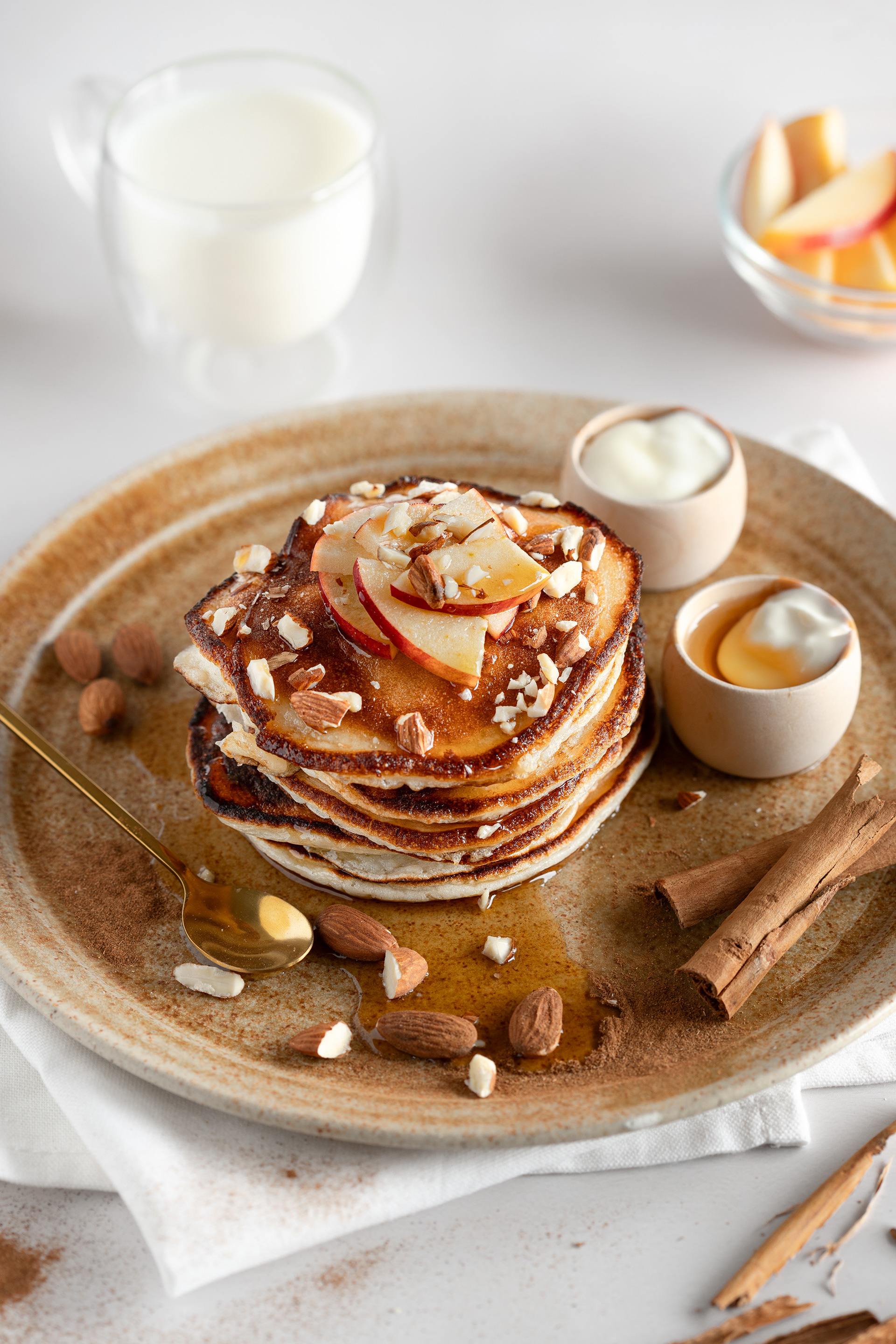 Pancakes with almonds and cinnamon, food photography