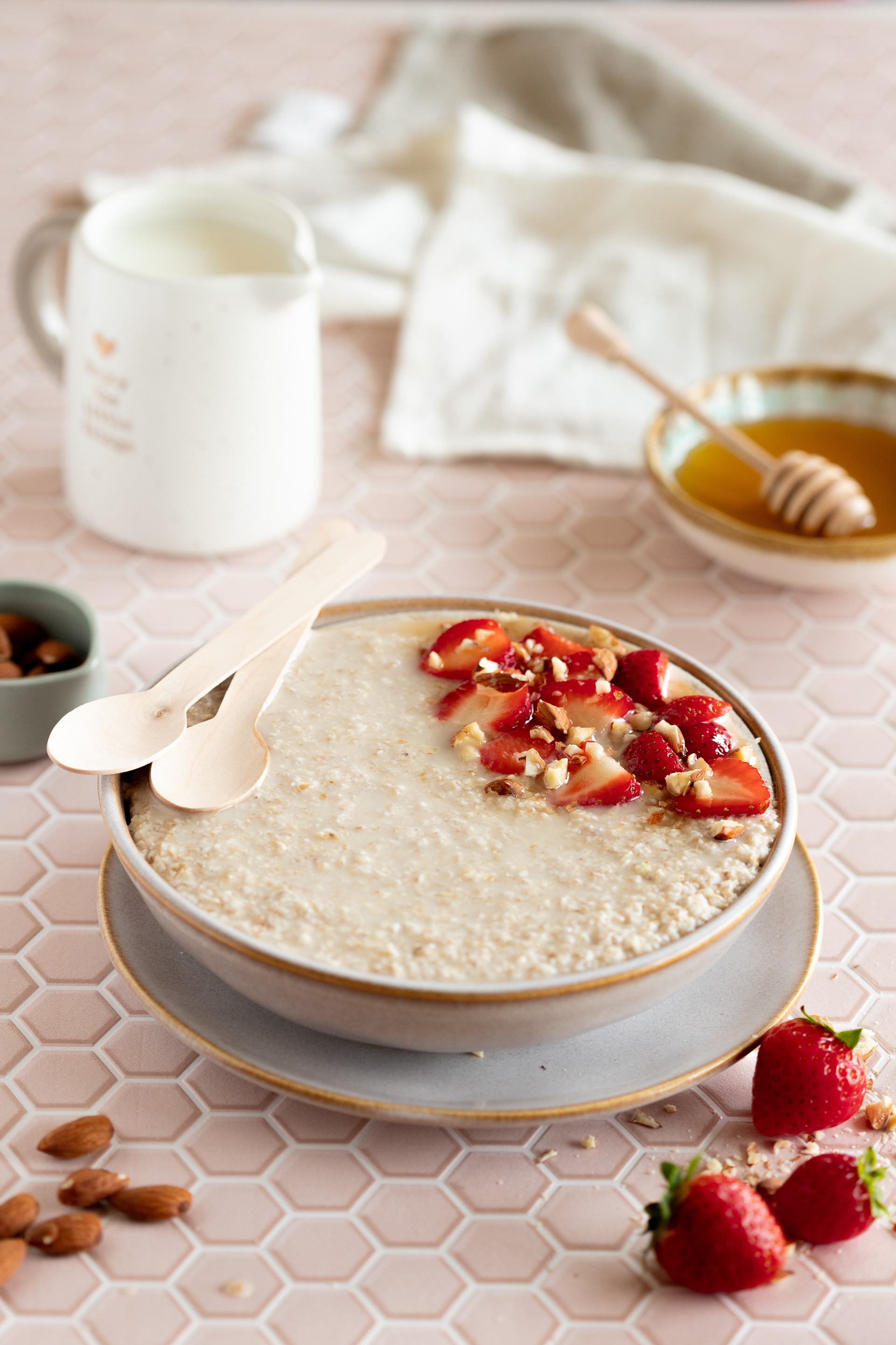 Porridge with strawberries, almonds and honey,