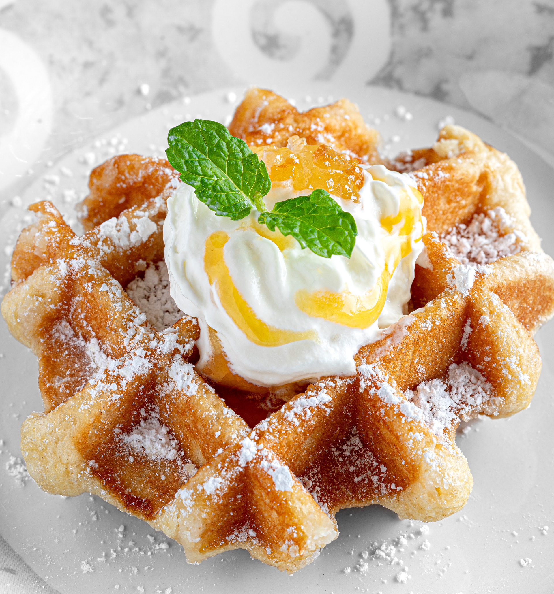 Waffle with cream and marmalade, food photography, Glasgow
