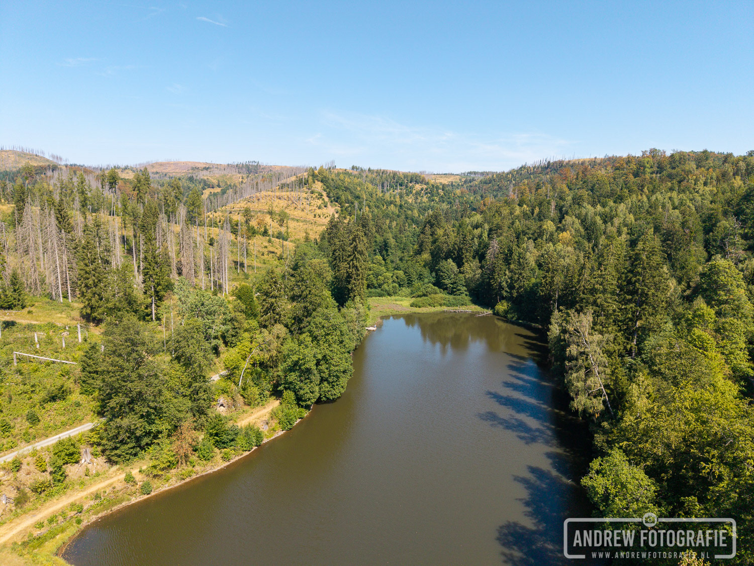 Luchtfoto van de Neuer Teich boven de Zorger Wasserfall in Zorge (Harz)