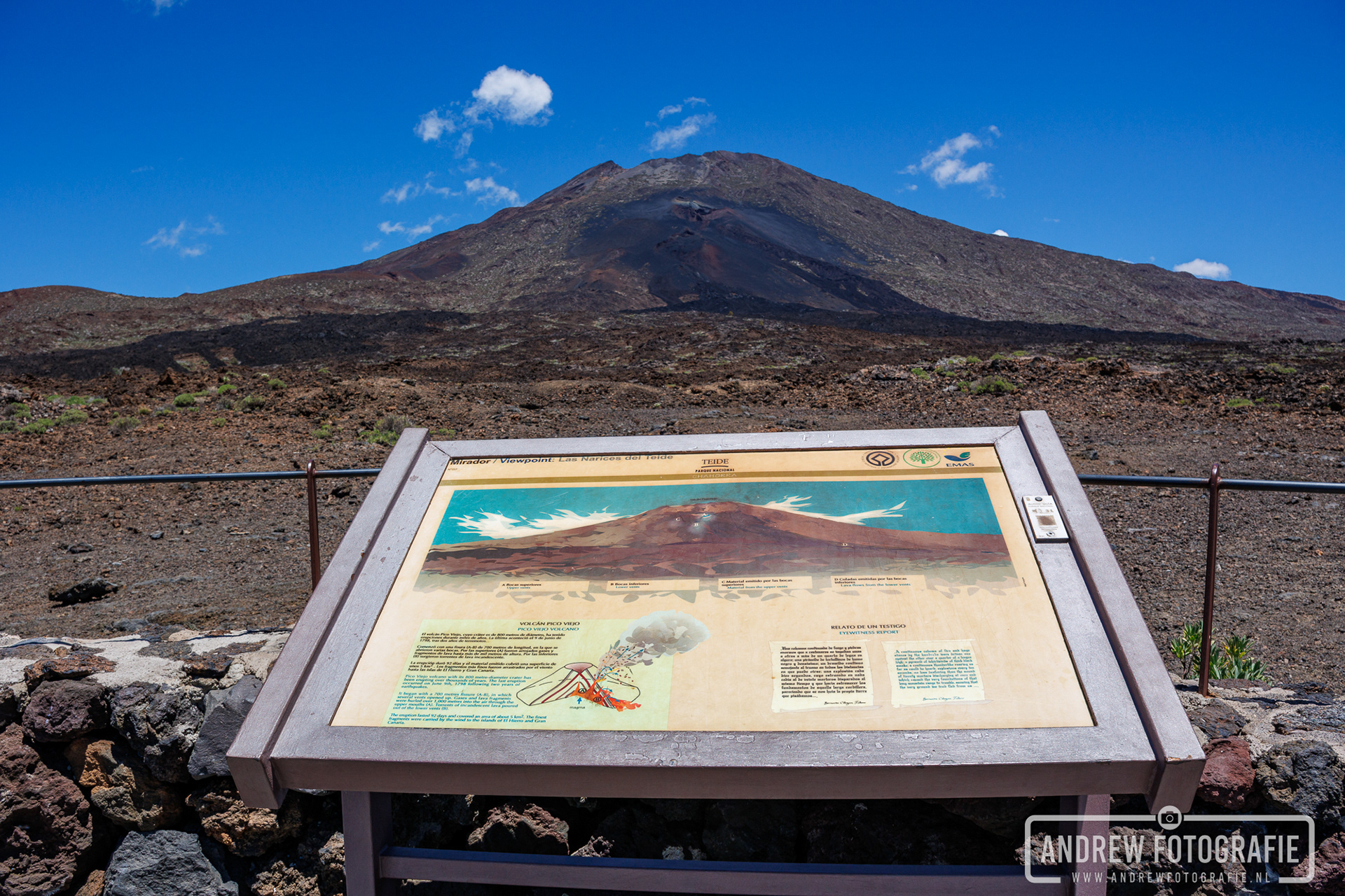 Informatiebord over de vulkaan met op de achtergrond de krater van Pico Viejo op Tenerife