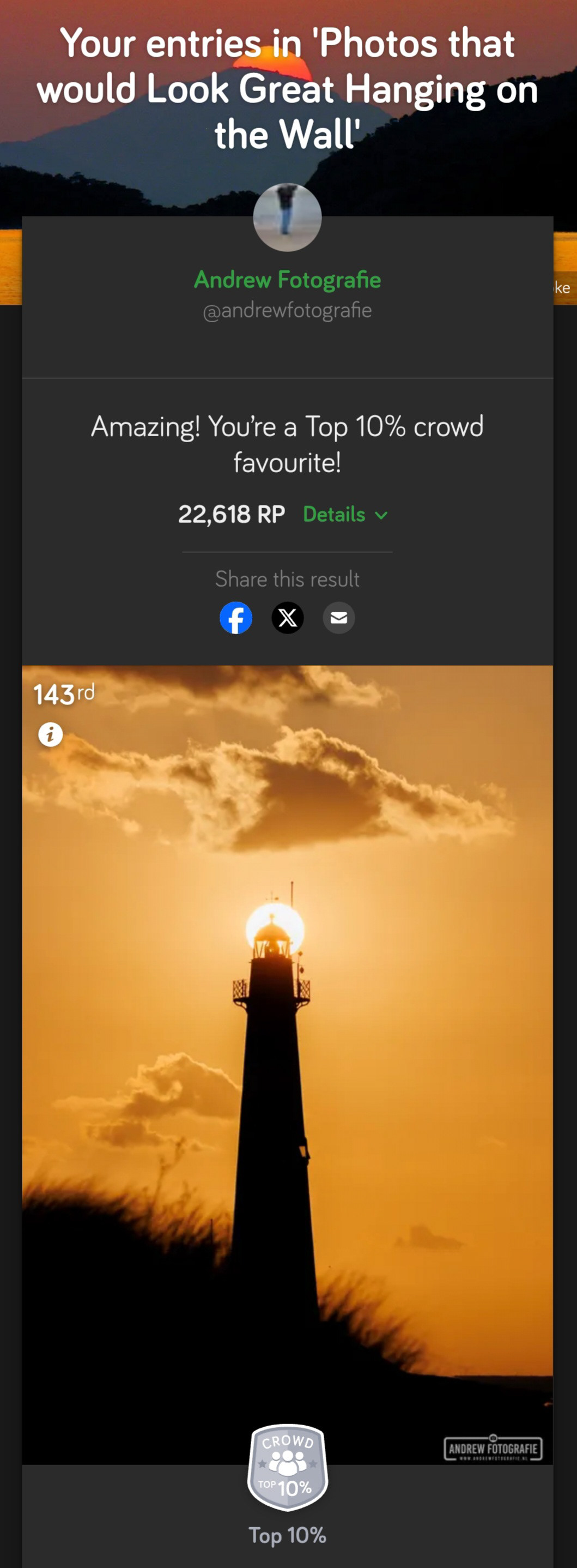Eindresultaat op Photocrowd – Top 3% notering (143e plaats) en Top 10% Crowd Favourite