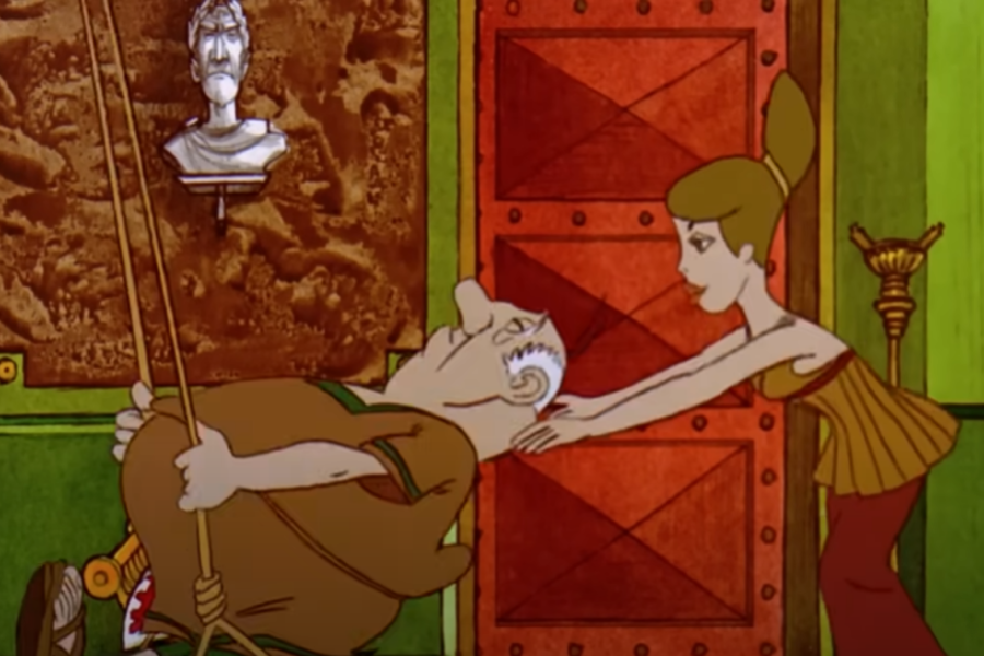 Szene aus 'Asterix erobert Rom': Ein Beamter wird von seiner Assistentin in einer Schaukel angeschubst. Asterix und Obelix beobachten die komische Situation im Bürozimmer. Der Beamte unterbricht genervt seine wichtige Tätigkeit und schickt die beiden zurück zum Pförtner.