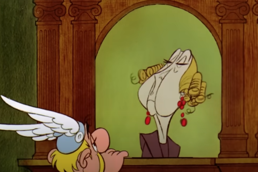 Der genervte Ausdruck von Asterix angesichts der hochmütigen Beamtin mit roten Ohrringen an einem Büroschalter.